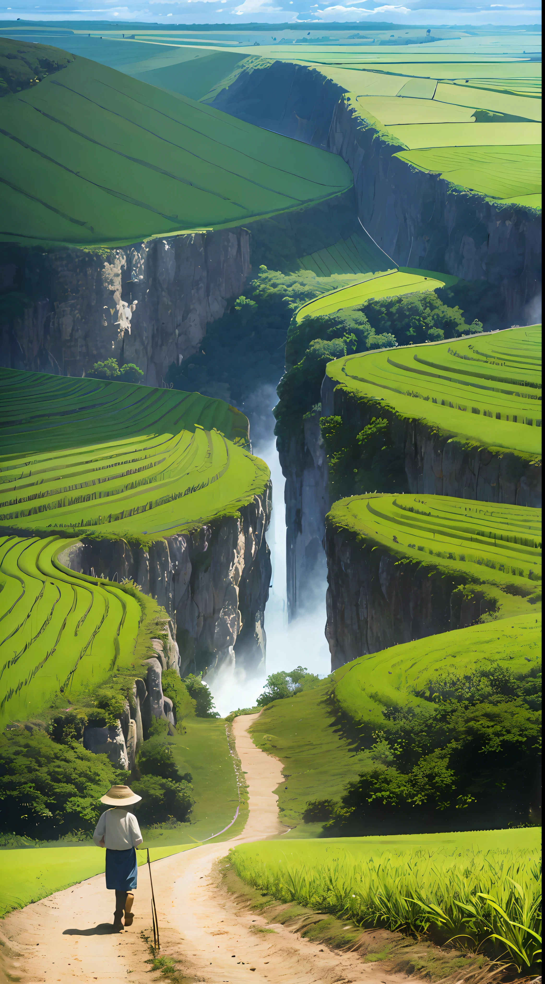 An old farmer carrying a flat burden, walking on the winding path of the countryside, big clouds, blue sky, rice fields, neat rice seedlings in the field, forest, hillside, secluded, countryside, HD detail, hyper-detail, cinematic, surrealism, soft light, deep field focus bokeh, ray tracing and surrealism. --v6