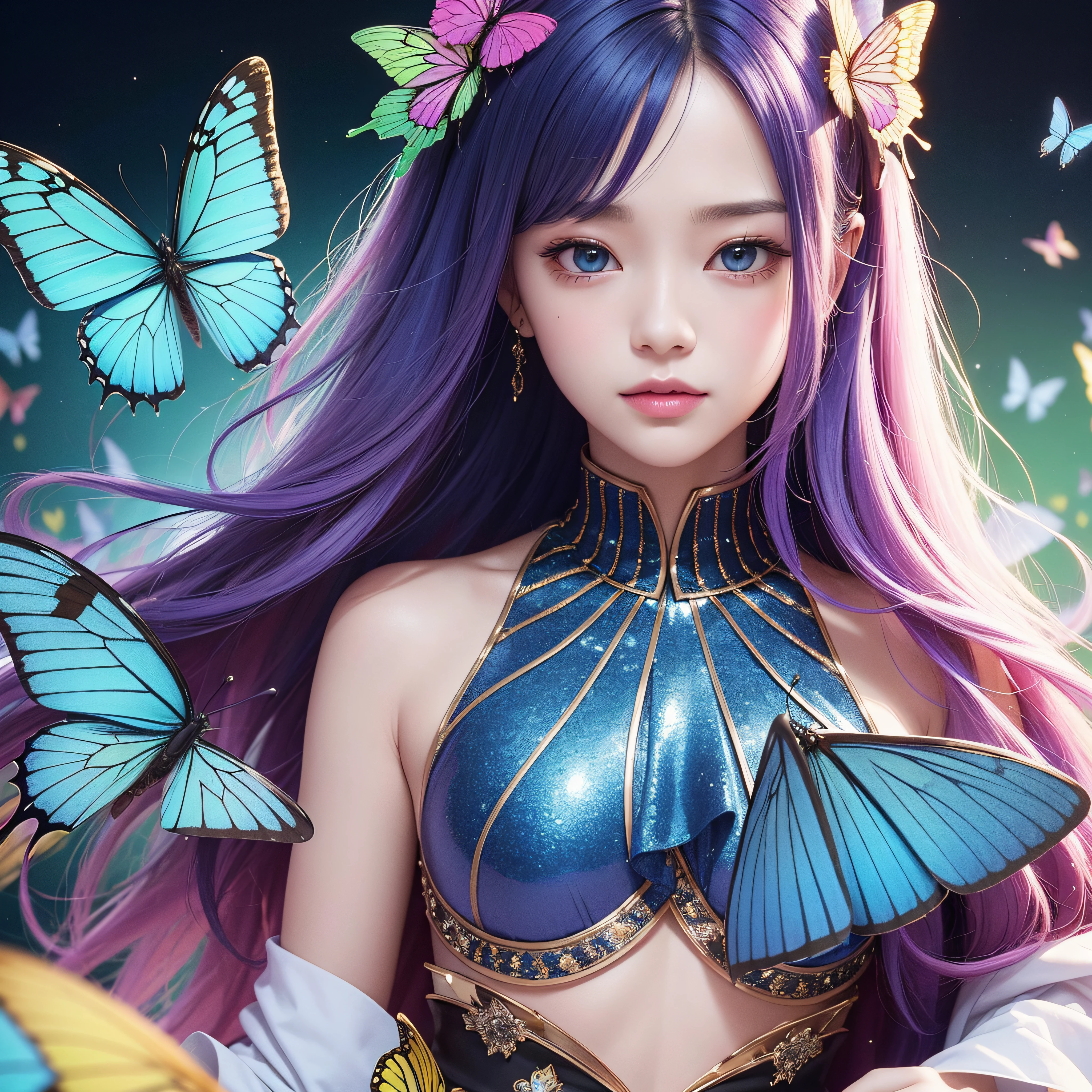 The background is a super colorful and ultra-dense building drawn by Manabu Ikeda、The background is a super colorful and ultra-dense building drawn by Manabu Ikeda、The building is a butterfly々Overflowing with、The building is a butterfly々Overflowing with、Highly detailed airbrush art、intricate detailes、Volumetric lighting、(top-quality)、(The ultra-detailliert)、Highly detailed colorful details、(Irridescent color:1.2)、(Bright lighting)、Magical、dynamic compositions、The mirror reflects light、Shallow depth of field、ultra-detailliert、mixing exposure、nffsw、Super masterpiece、vivd colour、colourfull、Beautiful 30 year old smile、Slim Faces、One woman's face、Rich colors、exquisitedetails、(masutepiece,Best Quality:1.5), (butterflys,Exquisite butterflies,Ultra CG), (High resolution:1.5)、(Big eyes、Green Diamond Eye、Shining eyes、Eye Gloss)(Smile with the corners of your mouth raised、Open lips、dark red lips、lipgloss)、(bangss、rainbow-colored hair)、