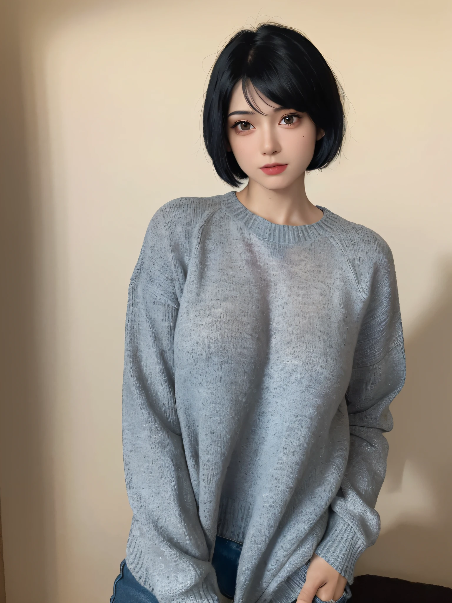 (masterpiece:1.3), (8k, photorealistic, RAW photo, best quality: 1.4), (1girl), beautiful face, (realistic face), (black hair, short hair:1.3), beautiful hairstyle, realistic eyes, beautiful detailed eyes, (realistic skin), beautiful skin, (sweater), absurdres, attractive, ultra high res, ultra realistic, highly detailed, golden ratio