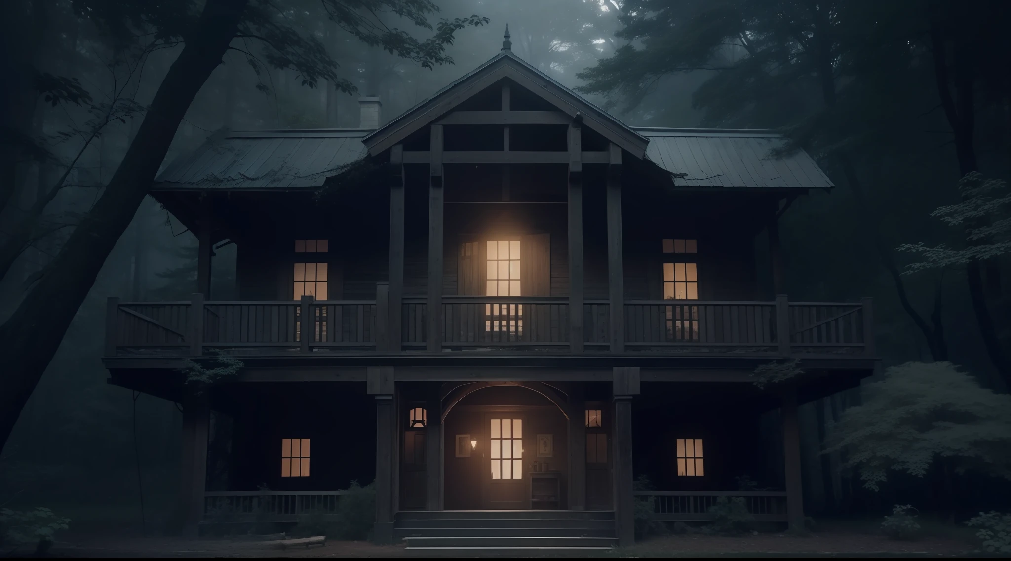 Deep in a dark and mysterious forest、Spooky Western-style building、Mystical、magia、Very realistic, Photography, One-person viewpoint, Super Detail, high detailing, High quality, in 8K