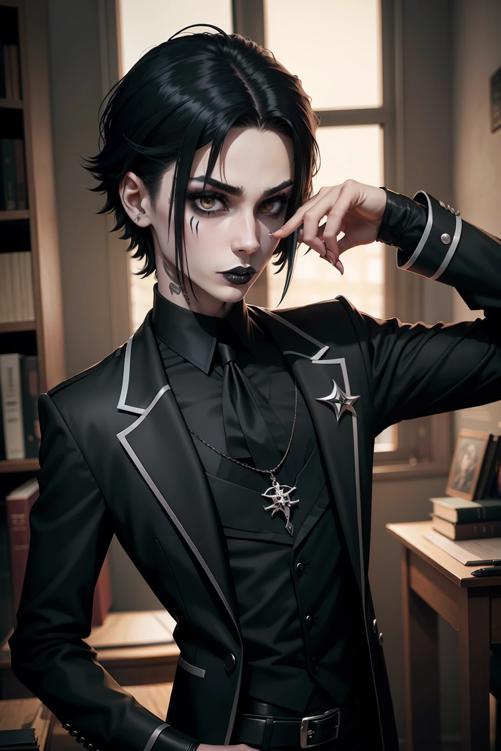 Skinny boy wearing gothic makeup, colegial, Gothic student, garoto, cilios finos, maquiagem, franzino, arrogante, personagem 2d, estilo quadrinhos