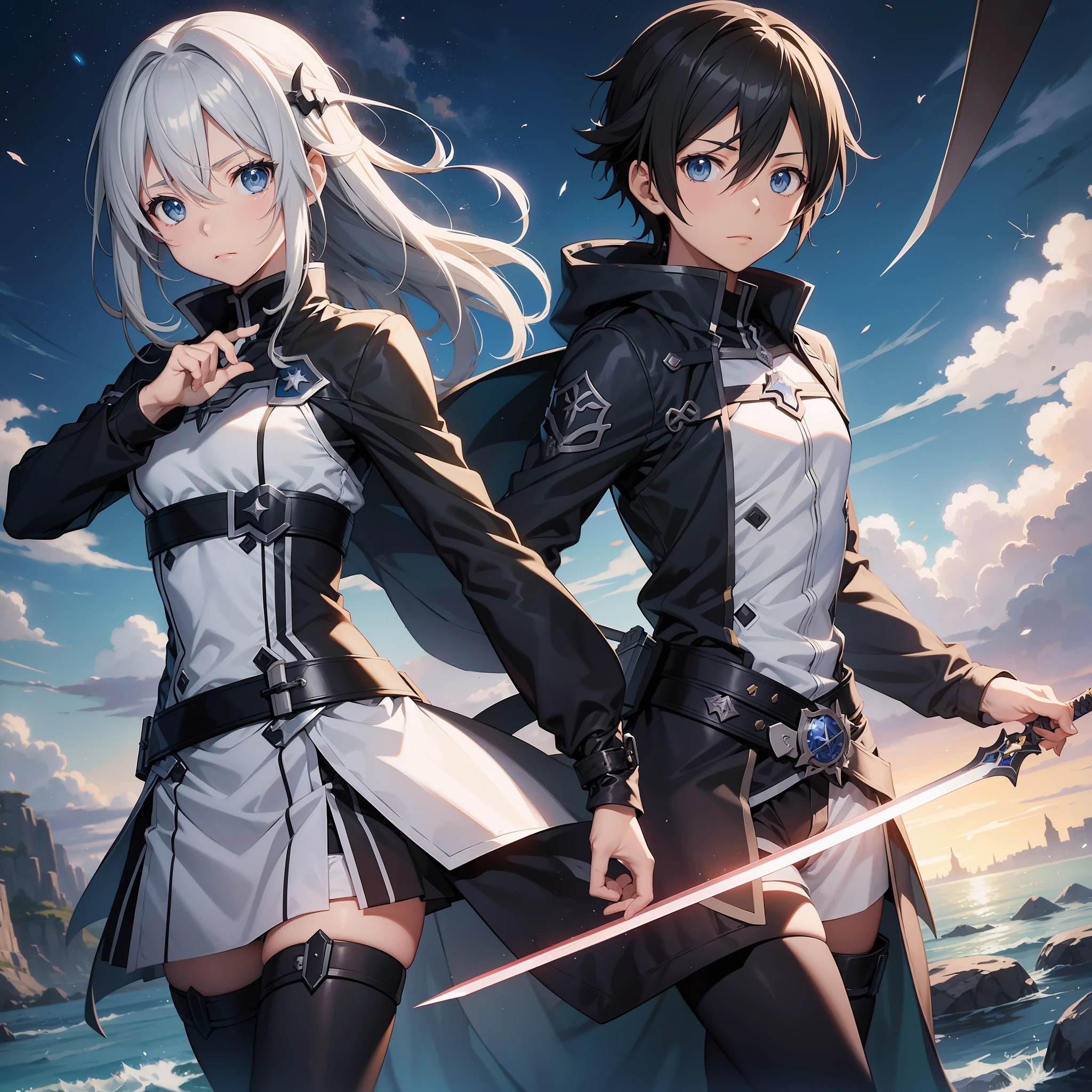 Personagem anime masculino, kirito sword art online, cabelo branco curto, armadura medieval, corpo todo