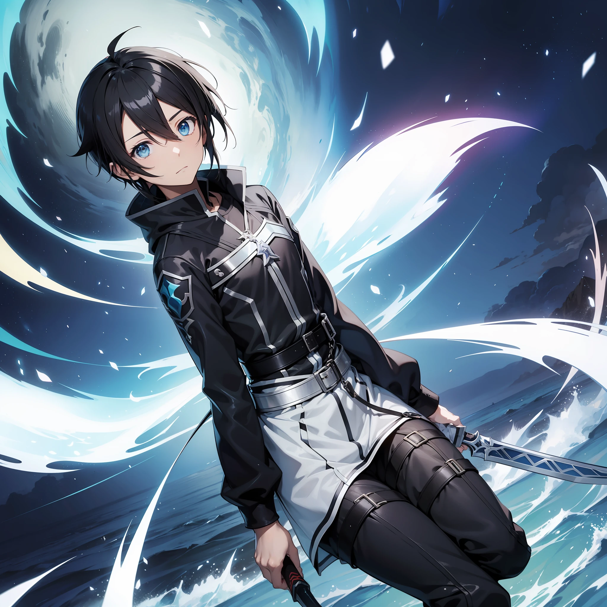 Personagem anime masculino, kirito sword art online, cabelo branco curto, armadura medieval, corpo todo