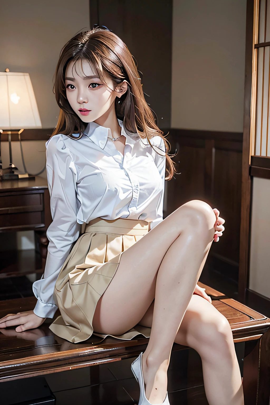 Masterpiece, best picture quality, one beautiful girl, detailed eyes, swollen eyes, brown hair, long hair, fair skin, cute, cute legs, short skirt, Japanese woman, Asian beauty, moonlight, strong eyes, professional lighting, bright lighting, double eyelids, slender, Japanese woman, Asian beauty,