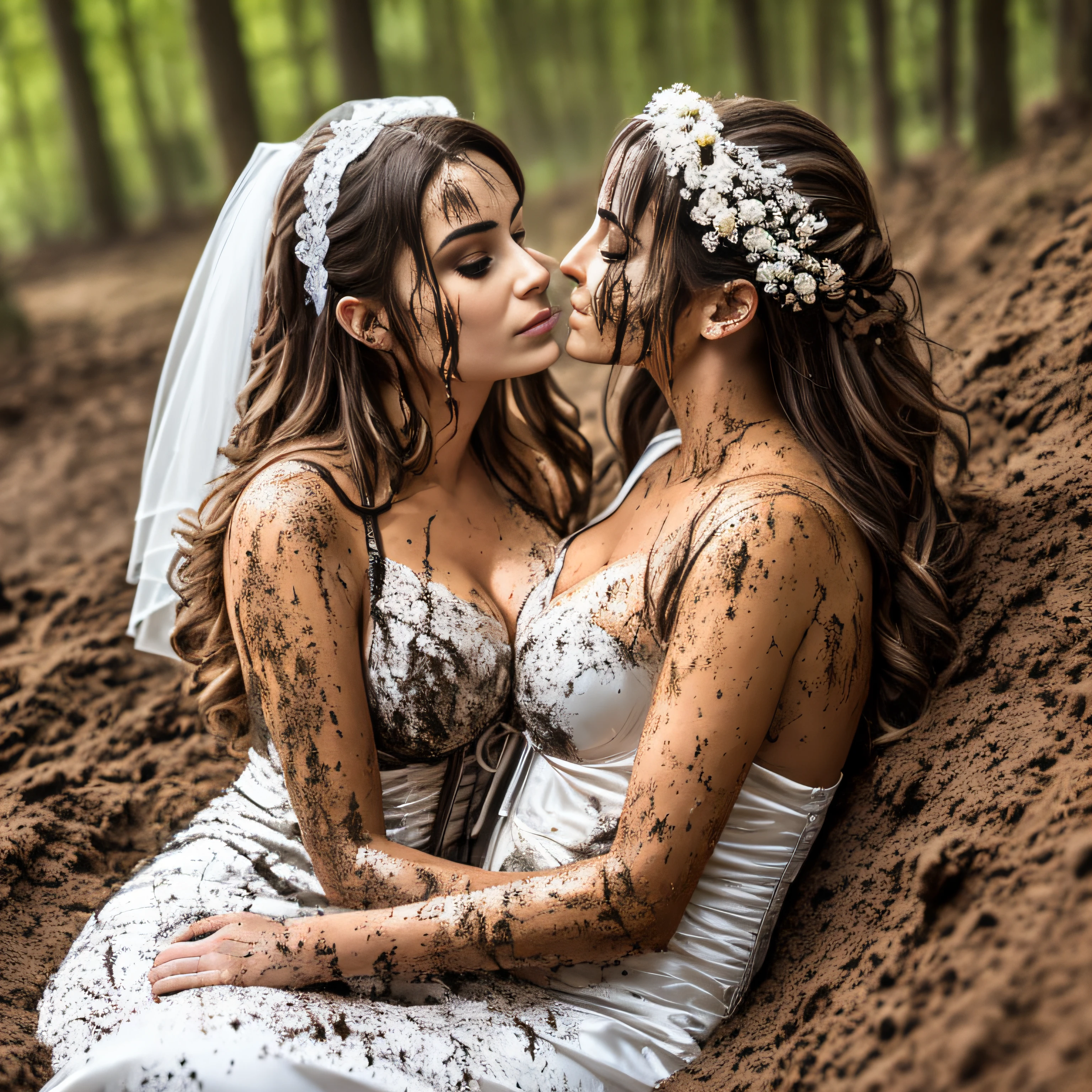 Hyperrealistische Fotografie, two kissing women in white wedding dresses soiled with mud, die beiden Frauen umarmen sich innig, offener Mund, knallroter Lippenstift, oily, shiny skin, high heels smeared with mud, chocker mit Schlamm verschmiert, Décolleté smeared with mud, Schlammspritzer im Gesicht, das Gesicht ist mit Schlamm verschmiert, 30-year-old women smeared with mud, Lena Meyer Landrut, unterbrust corset mit Schlammspritzer, schwarze lockige Haare mit Schlamm verschmiert, das Korsett ist mit Schlamm verschmiert, High quality, realistische Beleuchtung, Bildmitte, 8K, HDR, BDSM, medium breast size, lange Beine, professionelle Fotografie einer Frau, natural skin texture smeared with a lot of mud, 4K-Texturen, Adobe Lightroom, Fotolabor, HDR, kompliziert, elegant, sehr detailliert, scharfer Fokus, wahnsinnige Details, komplizierte Details, hyperdetailliert, Helles Kinolicht, Außenatmosphäre, Kinn hochgezogen, (exponierter Bauch: 1,8 ), Absorption from the whole body with high heels