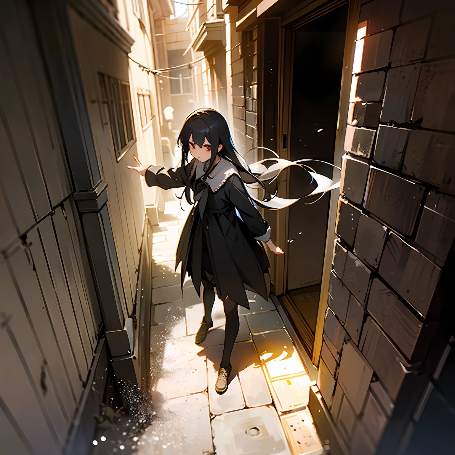 Old alley，A 16-year-old girl slaps a cobweb in front of her with her hand，Spider webs appear transparent and reflective in the sunlight in the alley，Darker tones。