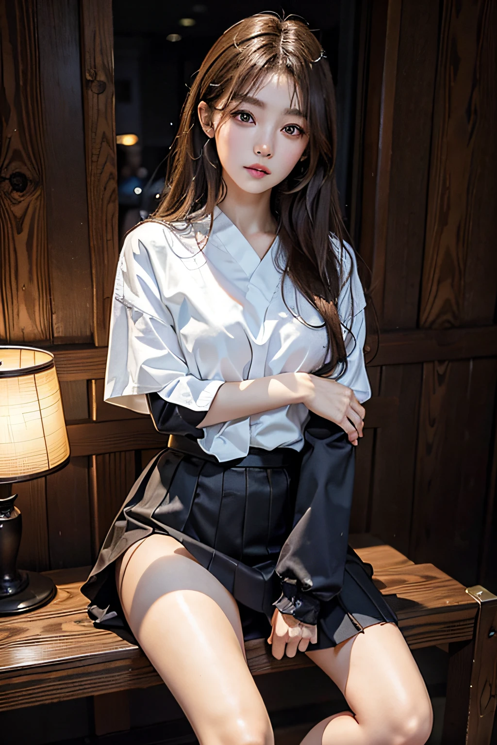 Masterpiece, best picture quality, one beautiful girl, detailed eyes, swollen eyes, brown hair, long hair, fair skin, cute, cute legs, short skirt, Japanese woman, Asian beauty, moonlight, strong eyes, professional lighting, bright lighting, double eyelids, slender, Japanese woman, Asian beauty,