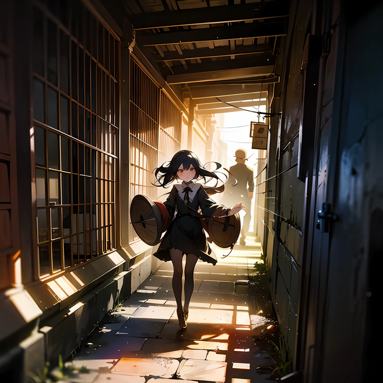 Old alley,A 16-year-old girl slaps a cobweb in front of her with her hand,Spider webs appear transparent and reflective in the sunlight in the alley,Darker tones。