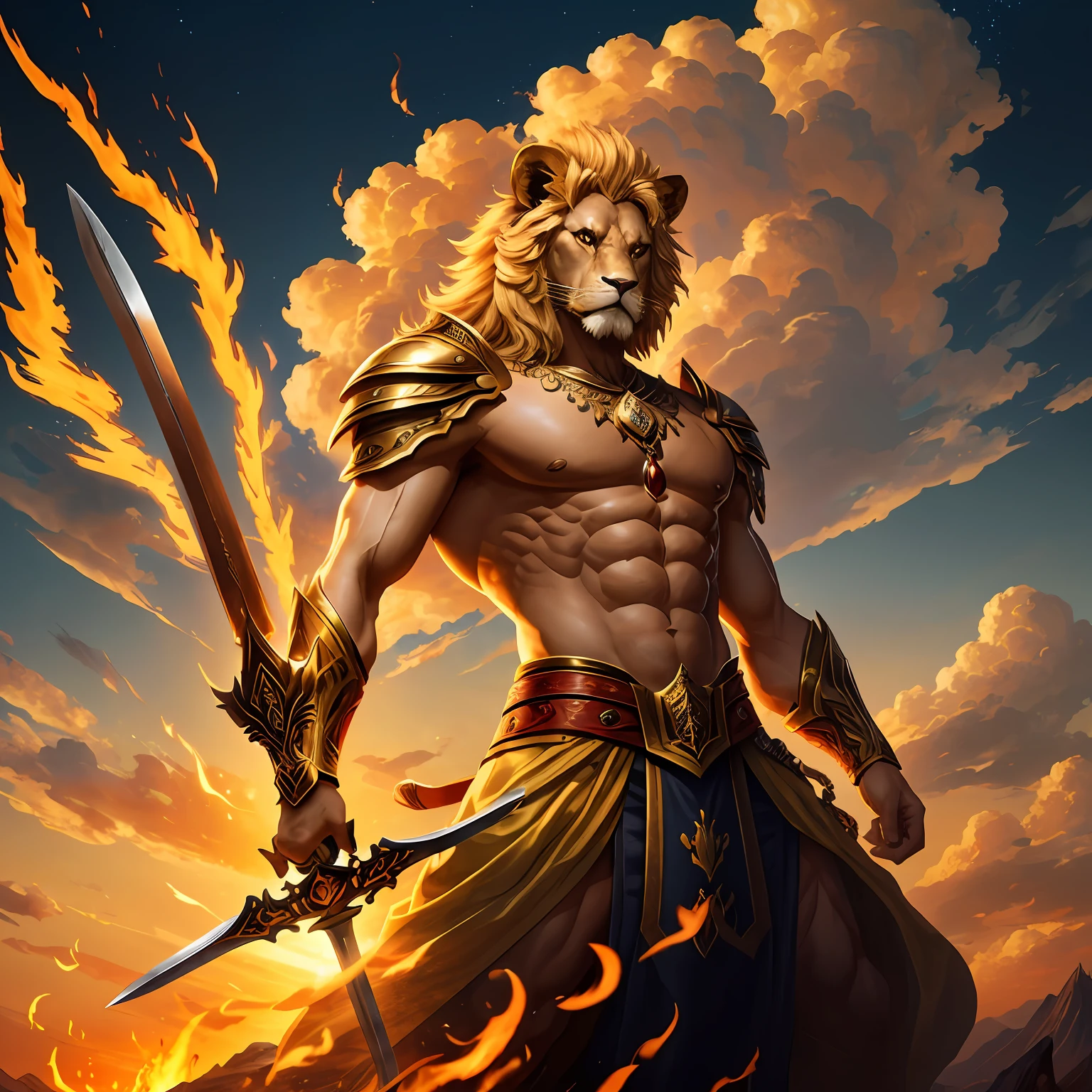 tmasterpiece，超高分辨率，A powerful lion warrior stands on top of a hill，（（（Lion-headed man））），Hold a long sword，Raise your head to the sky and roar，The sound is Megatron，Blonde hair，Body contours glow，Light，The silhouette is full of flames，A sky at dawn，Artistic realism，4K，tmasterpiece，Hyper-Resolution，