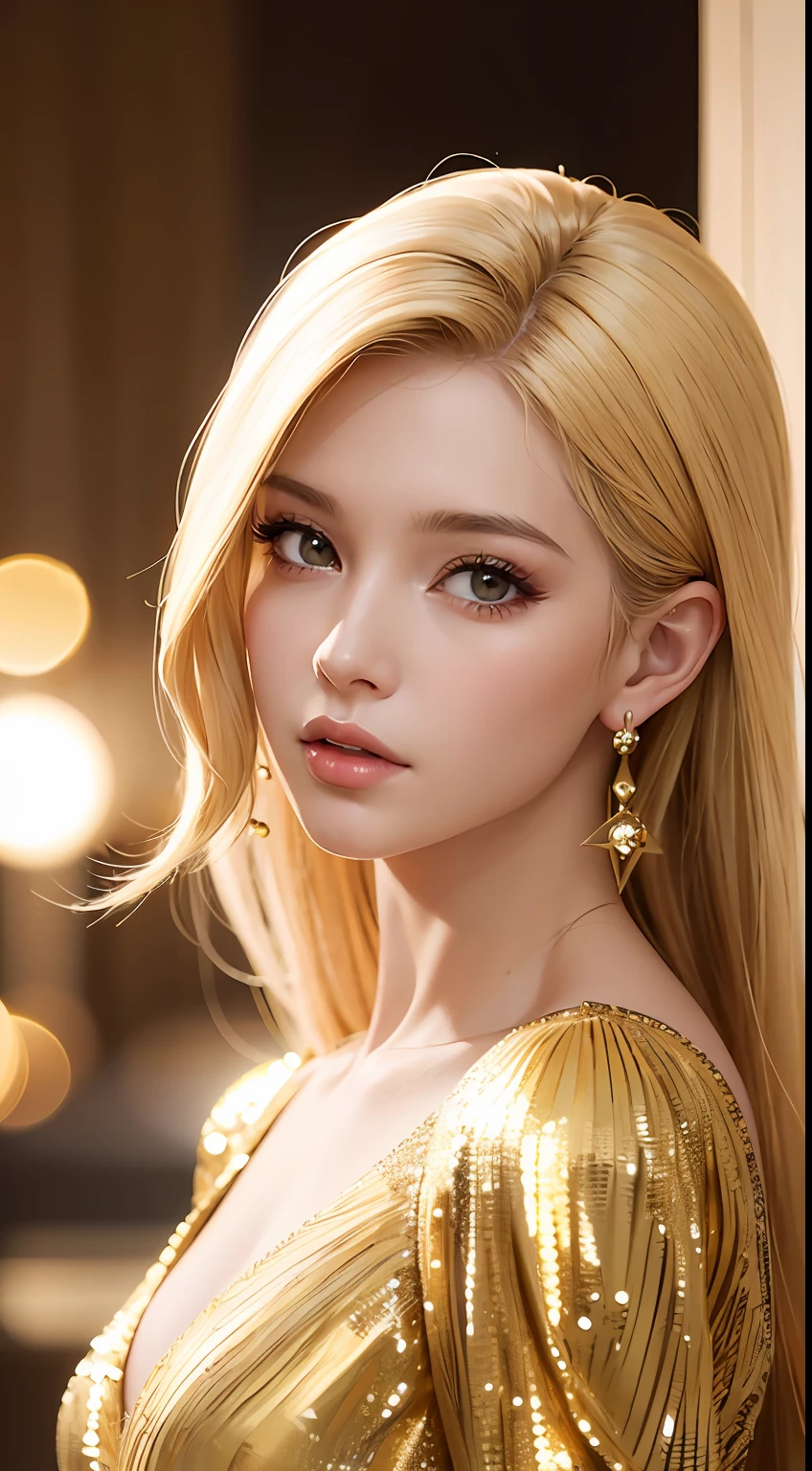 woman, A fashion model, wearing a golden dress with sparkles, Glamour, paparazzi taking pictures of her, Blonde hair, Brown eyes, 8K, High quality, Masterpiece, Best quality, HD, Extremely detailed, voluminetric lighting, Photorealistic