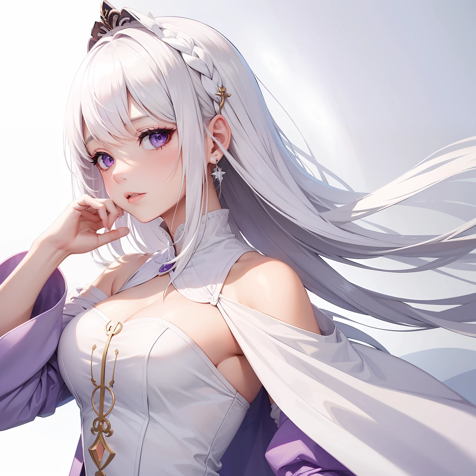 a women, white hair, purple eyes, white dress