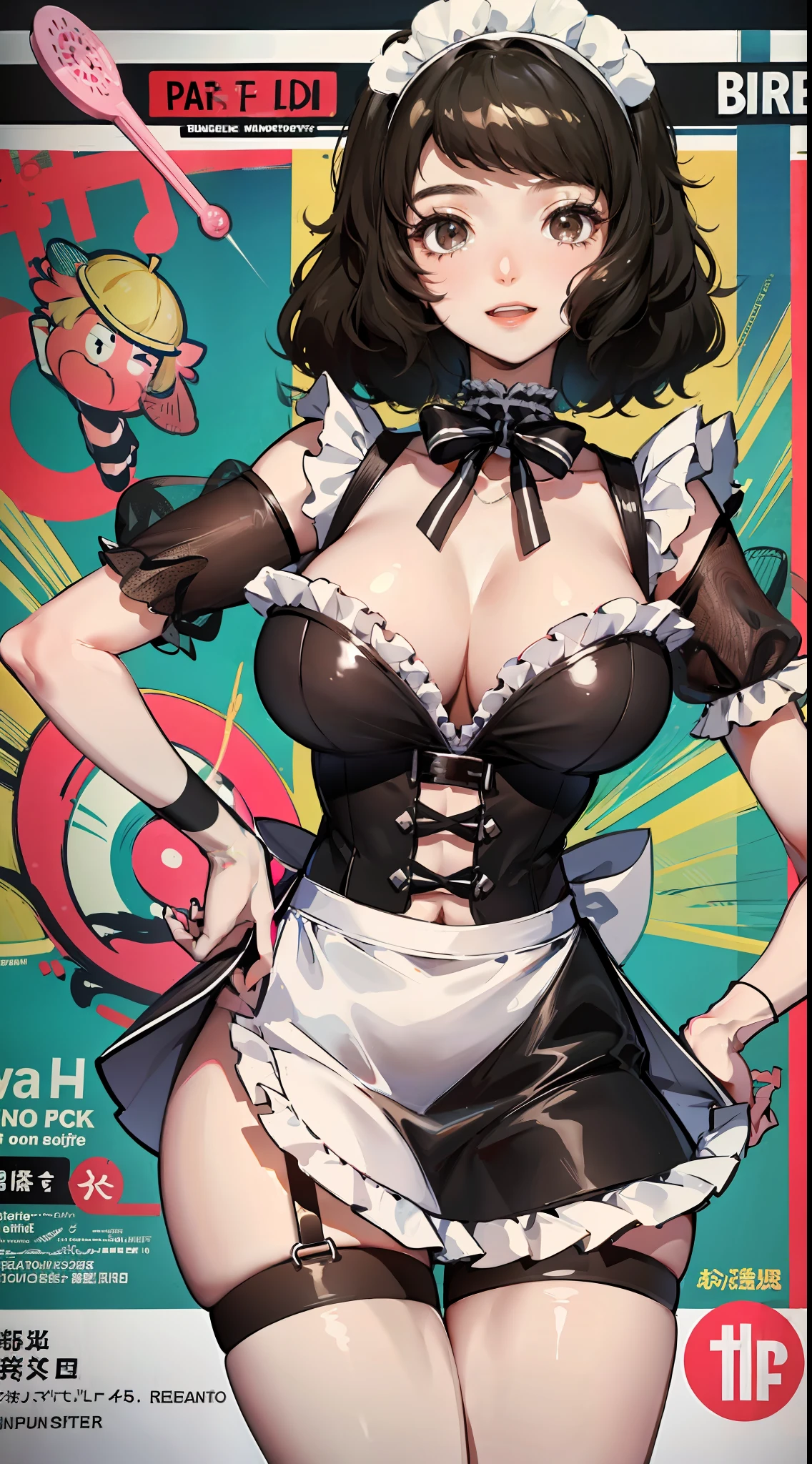 kawakami sadayo,the maid outfit,ssee-through,cheerfulness,Fleshy thighs,Pose,Poster publicity style,Ocean park,busty figure,C cup