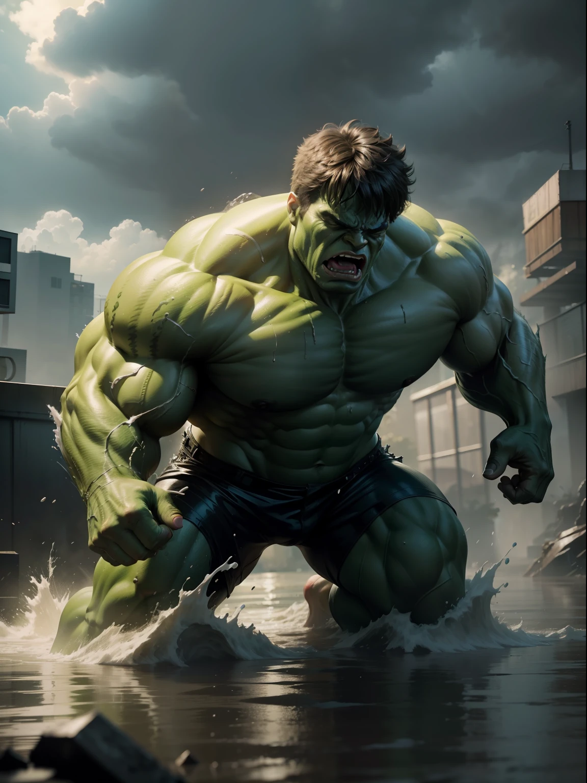 A Dramatic Hulk is exhausted after being hit by a water flood, cinematic, extreem realistic, extreem detailed, extreem Sharp, full body shot