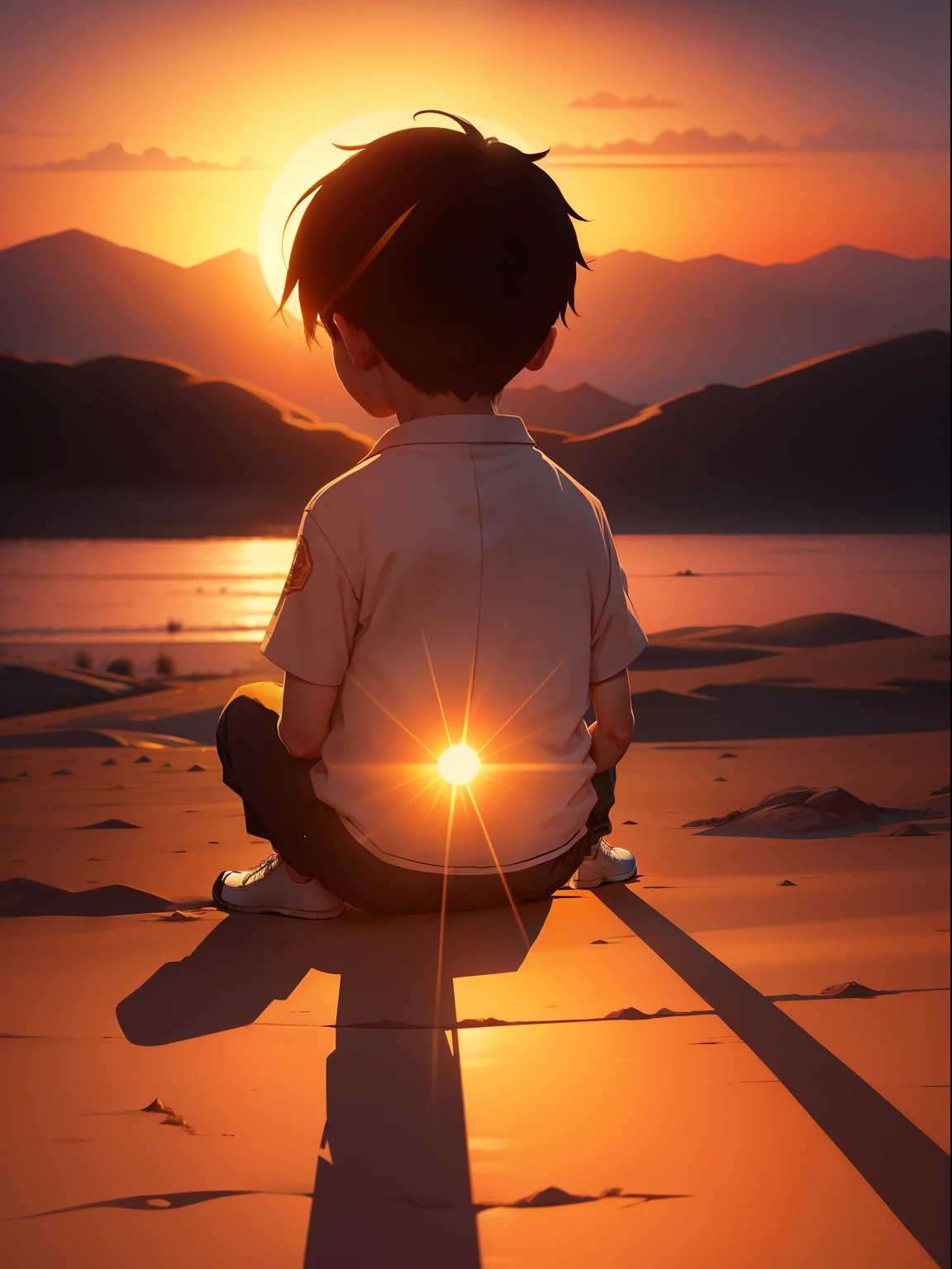 4k，In the setting sun，younge boy，Far perspective。