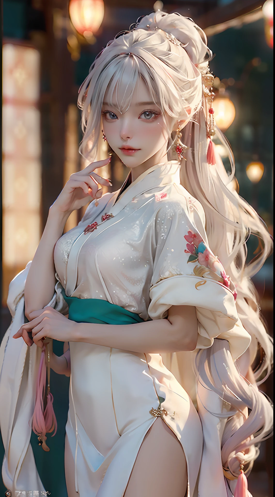 There is a girl in a green dress, plum blossoms, palaces, oriental architecture ray tracing, {best quality}, {{masterpiece}}, extremely detailed 8K wallpaper, {an extremely delicate and beautiful}, colorful, intricately detailed, Realistic, real, camera quality, (detailed depiction of clothes), cool white skin, (detailed depiction of blush), 1080p, sun, soft cuteness, smooth light silver hair, messy beauty, lighting, broken feeling, bright and silky skin , 3D stereoscopic, masterpiece, best quality, super fine illustration, beautiful eyes, very fine light, fine glow, very fine 8K CG wallpaper, peach eyes, red pupils, an extremely delicate and beautiful girl, 8k Wallpaper, best quality, full body close-up, white long dress, luxurious silky bright red chiffon floodlight (magic, glitter, ultra-thin, soft,) Hanfu