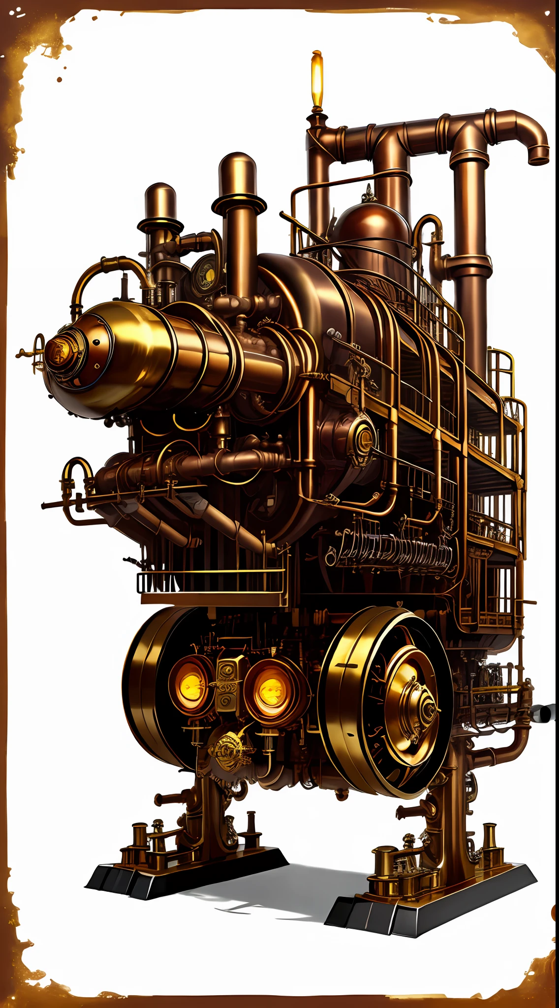 Steampunk Monster School Bus、from side view、brass、steel、Great photos of pipes、White background