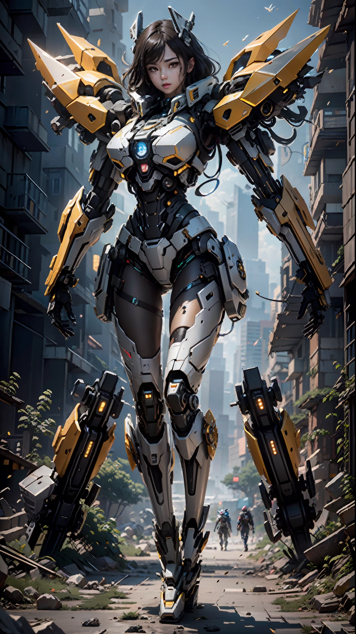 ((Best quality)), ((masterpiece)), (highly detailed:1.3), 3D,Shitu-mecha, beautiful cyberpunk women with her mecha in the ruins of city from a forgoten war, ancient technology,HDR (High Dynamic Range),Ray Tracing,NVIDIA RTX,Super-Resolution,Unreal 5,Subsurface scattering,PBR Texturing,Post-processing,Anisotropic Filtering,Depth-of-field,Maximum clarity and sharpness,Multi-layered textures,Albedo and Specular maps,Surface shading,Accurate simulation of light-material interaction,Perfect proportions,Octane Render,Two-tone lighting,Low ISO,White balance,Rule of thirds,Wide aperature,8K RAW,Efficient Sub-Pixel,sub-pixel convolution,luminescent particles,light scattering,Tyndall effect