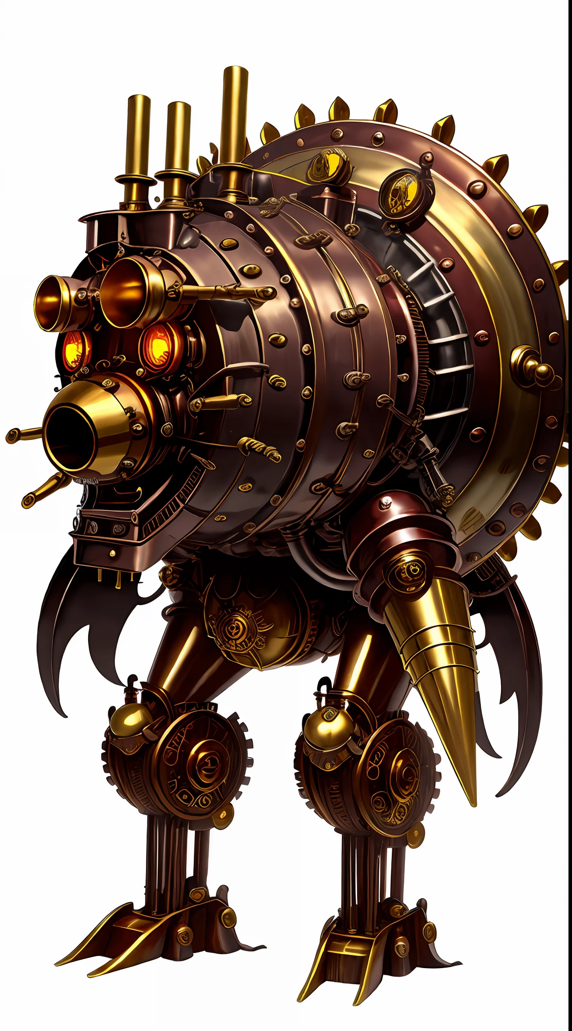Steampunk Monster School Bus、from side view、brass、steel、Great photos of pipes、White background