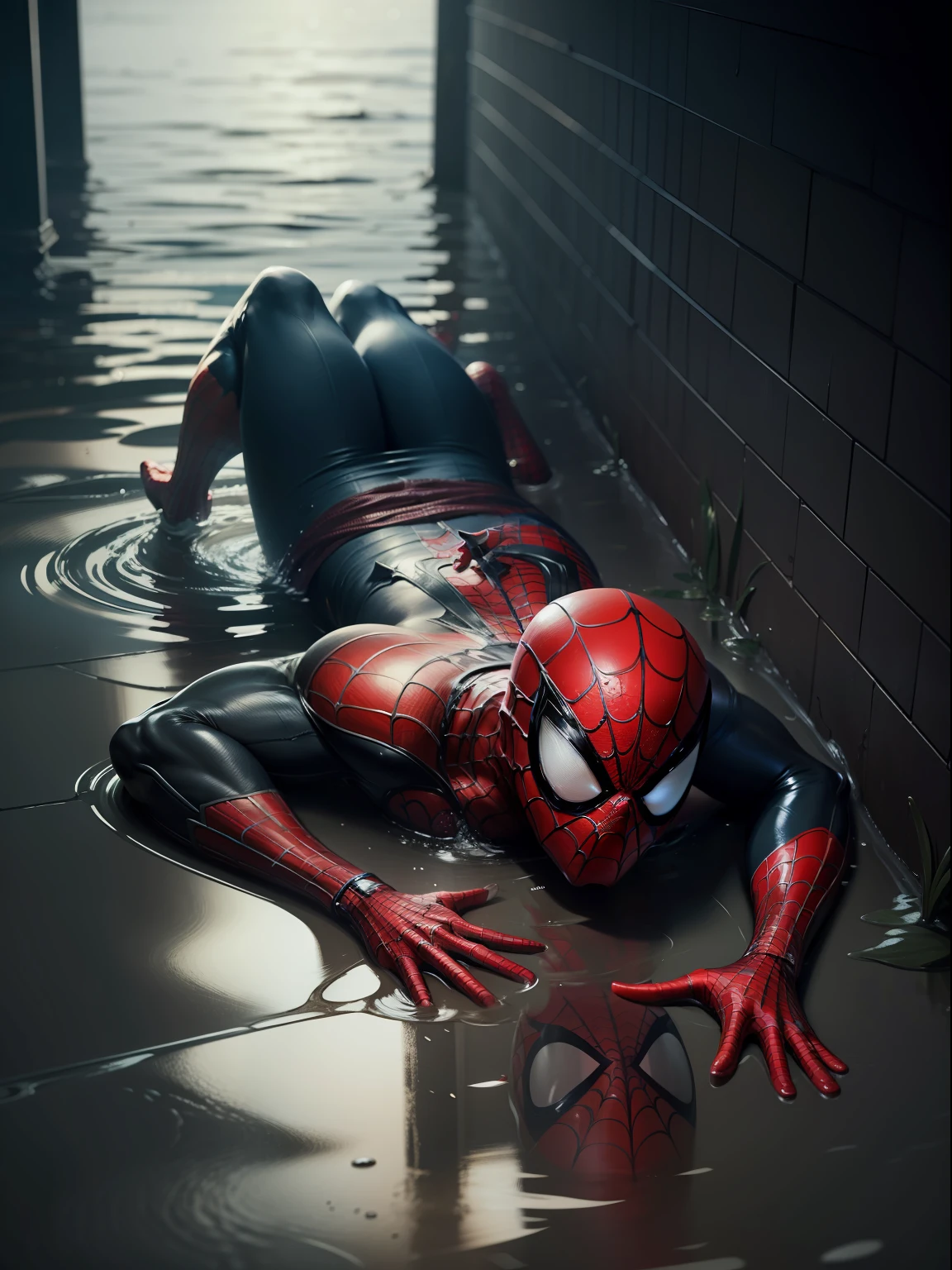 A Dramatic Spiderman is exhausted after being hit by a water flood, cinematic, extreem realistic, extreem detailed, extreem Sharp, full body shot