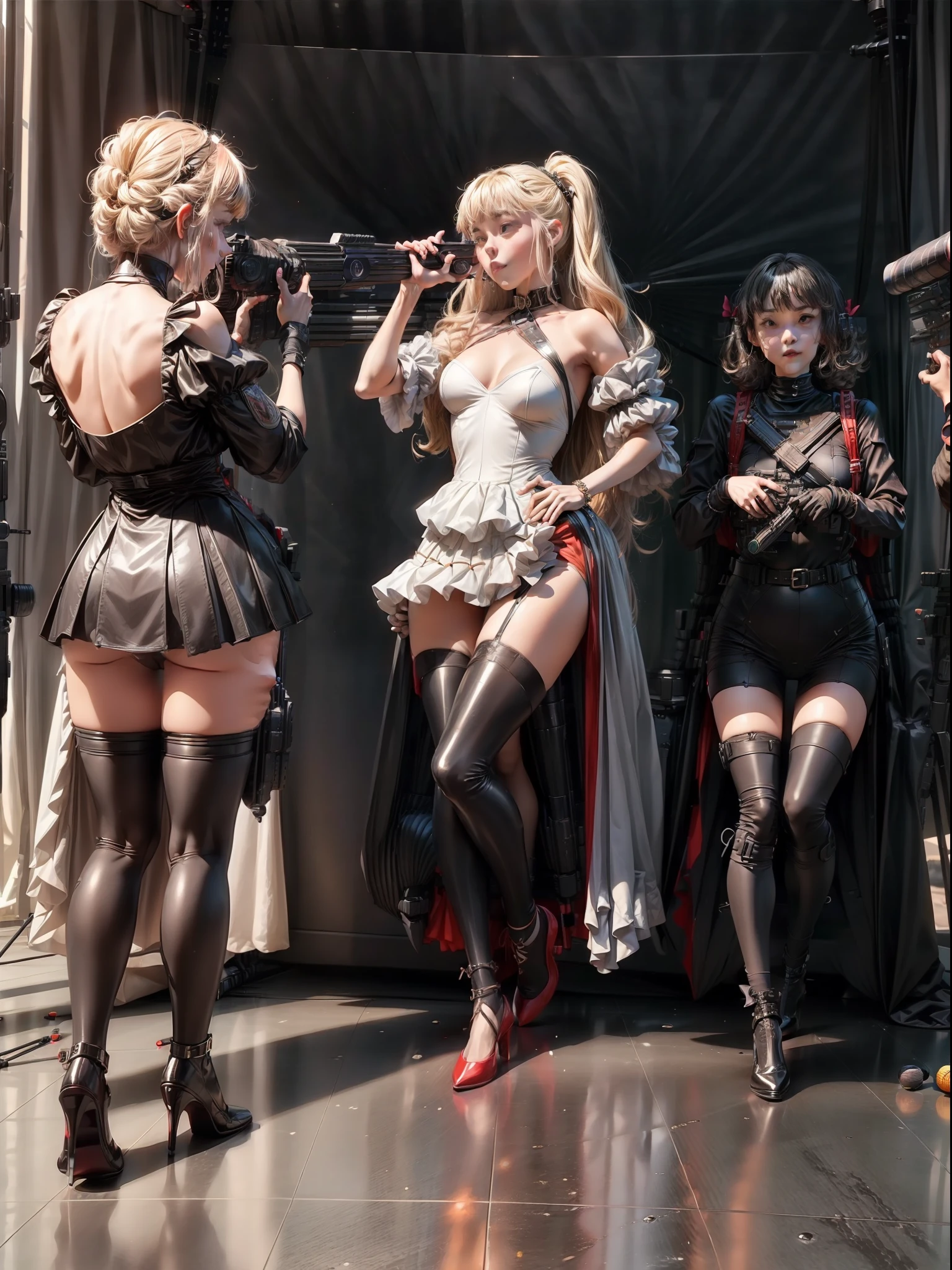 (Full body shooting:2), (Full Focus:1.3), plethora of colors, anatomy correct, The character wears a princess's fluffy dress,Red-toned,Strangle effect, High-heeled leather shoes, anklet, leg loops, collars, Heavy makeup, A shallow laugh, Latex stockings must be worn, hyper HD, Ray traching, structurally correct, Award-Awarded, high detal, lightand shade contrast, cinmatic lighting, tmasterpiece, super detailing, high high quality, high detal, best qualityer, 16k. Waiting