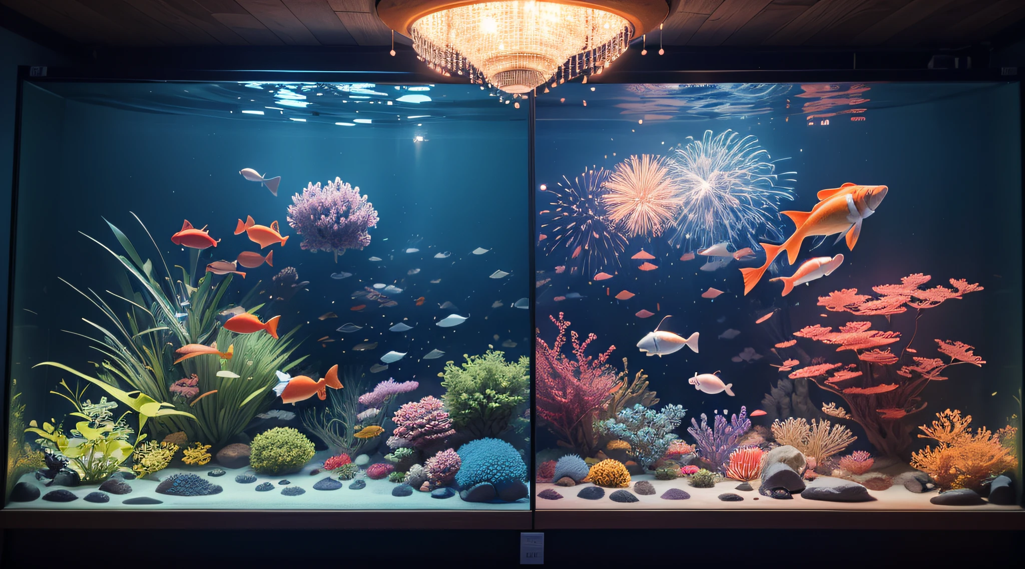 There is an aquarium with fish and fireworks, Fish shine in the sea, Multiple fireworks in the aquarium, Under the sea at night, aquarium、top-quality、in 8K、masterpiece、a picture、Photorealsitic、Raw photography、top-quality、high-detail、真实感、photos realistic、Professional color correction --auto