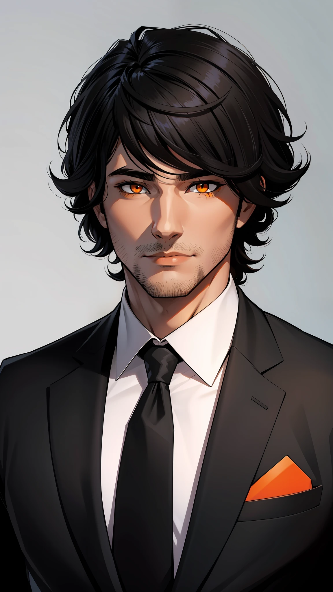 Male 35 years old. black hair. Orange Eyes