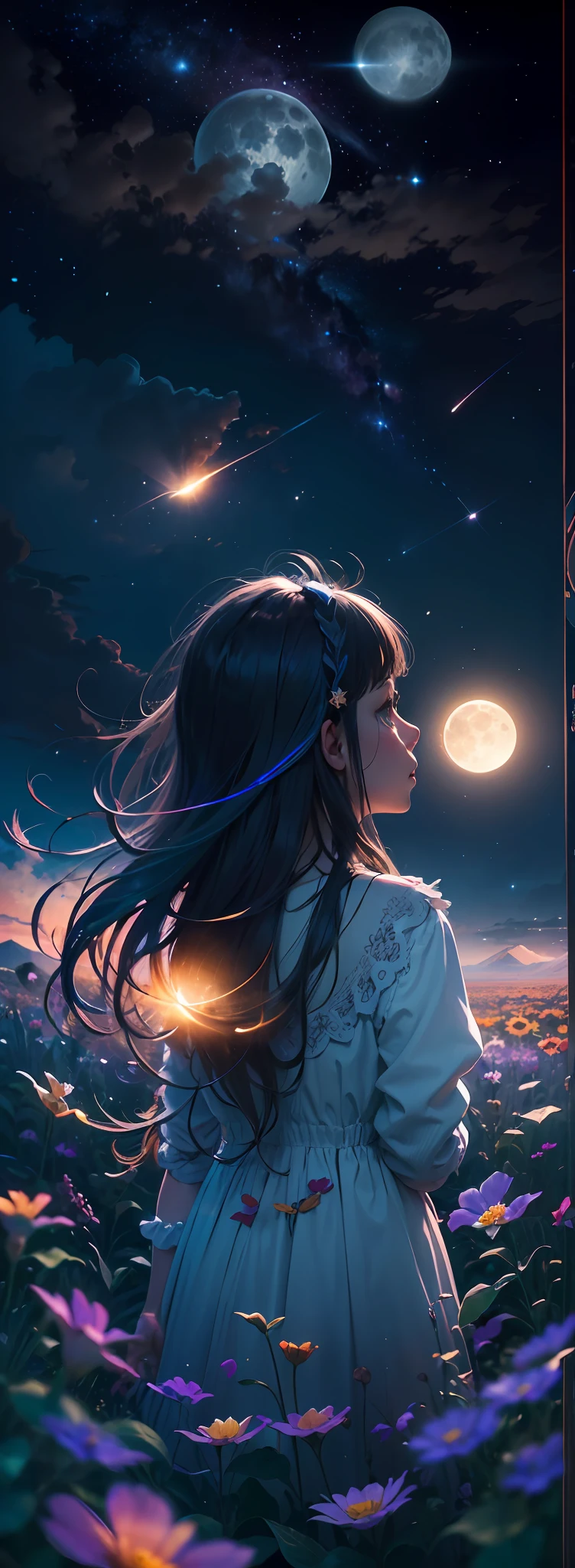 Expansive landscape photograph, (view from below with a view of the sky and wilderness below), little girl standing in a flower field looking up, (full moon: 1.2), (shooting star: 0.9), (nebula: 1.3), distant mountain, tree break production art, (warm light source: 1.2), (firefly: 1.2), lamp, purple and orange, intricate detail, volume lighting, realism break (masterpiece: 1.2) (Best Quality), 4K, Ultra-Detailed, (Dynamic Configuration: 1.4), Highly Detailed and Colorful Details, (Iridescent Colors: 1.2), (Glowing Lighting, Atmospheric Lighting), Dreamy, Magical, (Solo: 1.2)