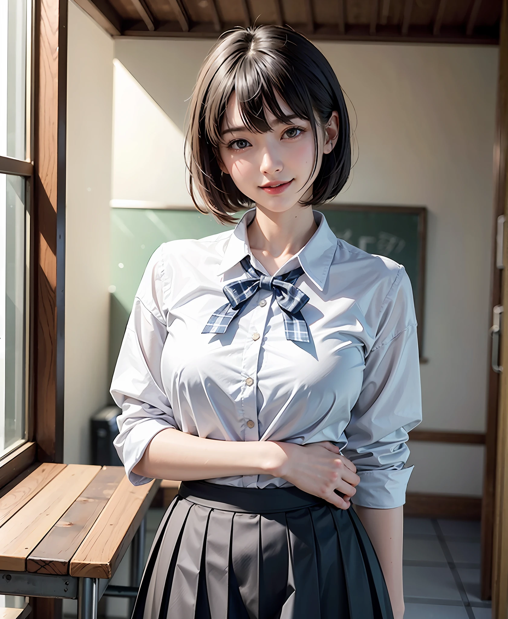 (masterpiece、top-quality:1.2、high-detail), Surreal High School Girl, 独奏, 1girl in, Yukinoshita Yukino, (shinny skin、wetted skin:1.2), Wearing sweat, I'm smiling really happily, spotless、cute little、Watch your audience carefully, all-fours, 校服, White shirt with white collar, plaid skirts, thighs thighs thighs thighs, PM, Classroom Surreal High School Girl、Very tall adult female、short hair with clean bangs of 46 points,,,,,、the neck is long、Put your ears out、Arms out、large full breasts、Distinct double eyelids、big eye、The beauty of the golden ratio、Perfect Anatomy、Perfect and detailed body、Keep your mouth shut、Smile really happily