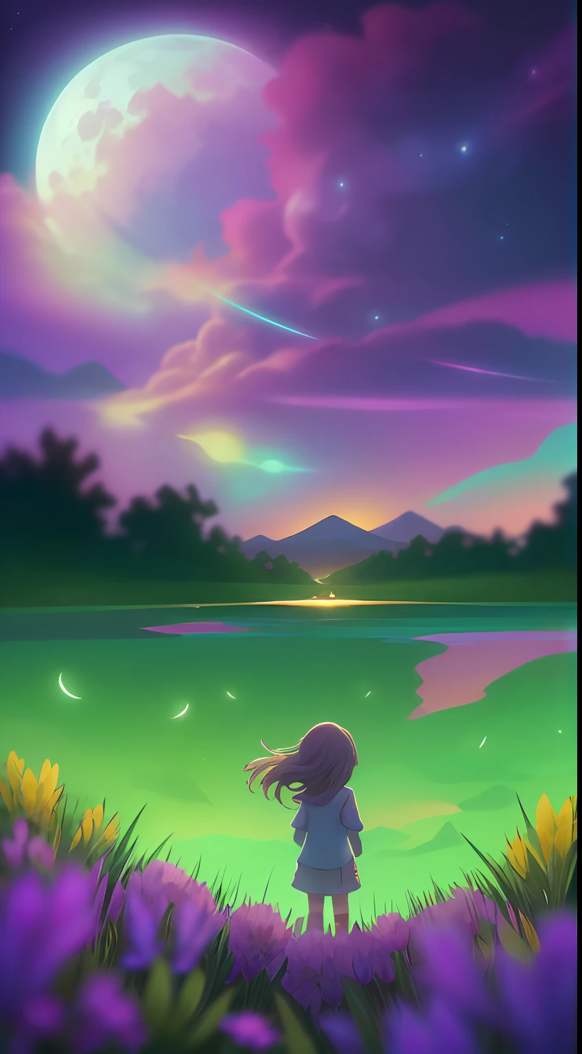 Expansive landscape photograph, (view from below with a view of the sky and wilderness below), little girl standing in a flower field looking up, (full moon: 1.2), (shooting star: 0.9), (nebula: 1.3), distant mountain, tree break production art, (warm light source: 1.2), (firefly: 1.2), lamp, purple and orange, intricate detail, volume lighting, realism break (masterpiece: 1.2) (Best Quality), 4K, Ultra-Detailed, (Dynamic Configuration: 1.4), Highly Detailed and Colorful Details, (Iridescent Colors: 1.2), (Glowing Lighting, Atmospheric Lighting), Dreamy, Magical, (Solo: 1.2)