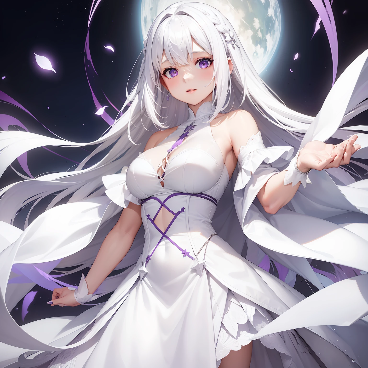 a women, white hair, purple eyes, white dress
