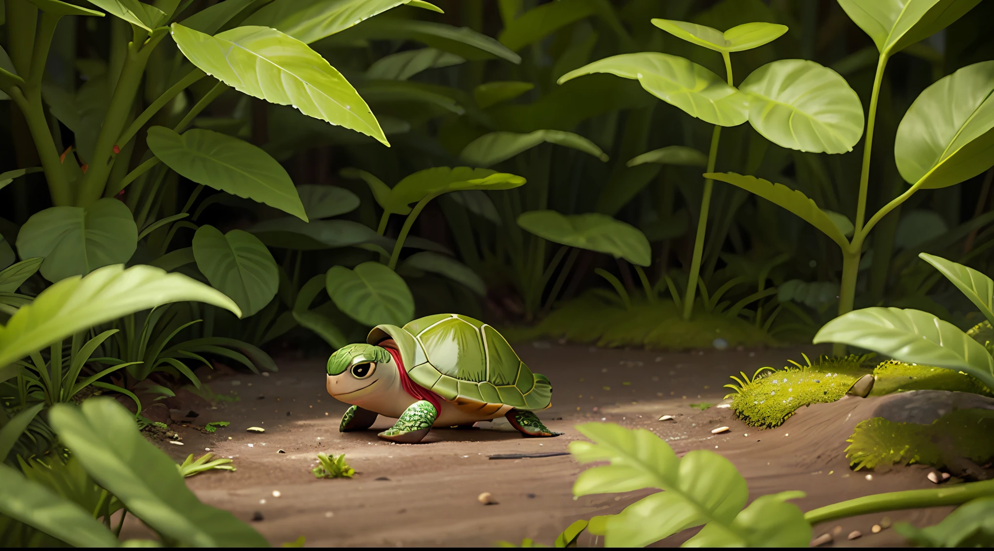A small green turtle in the forest,Lost