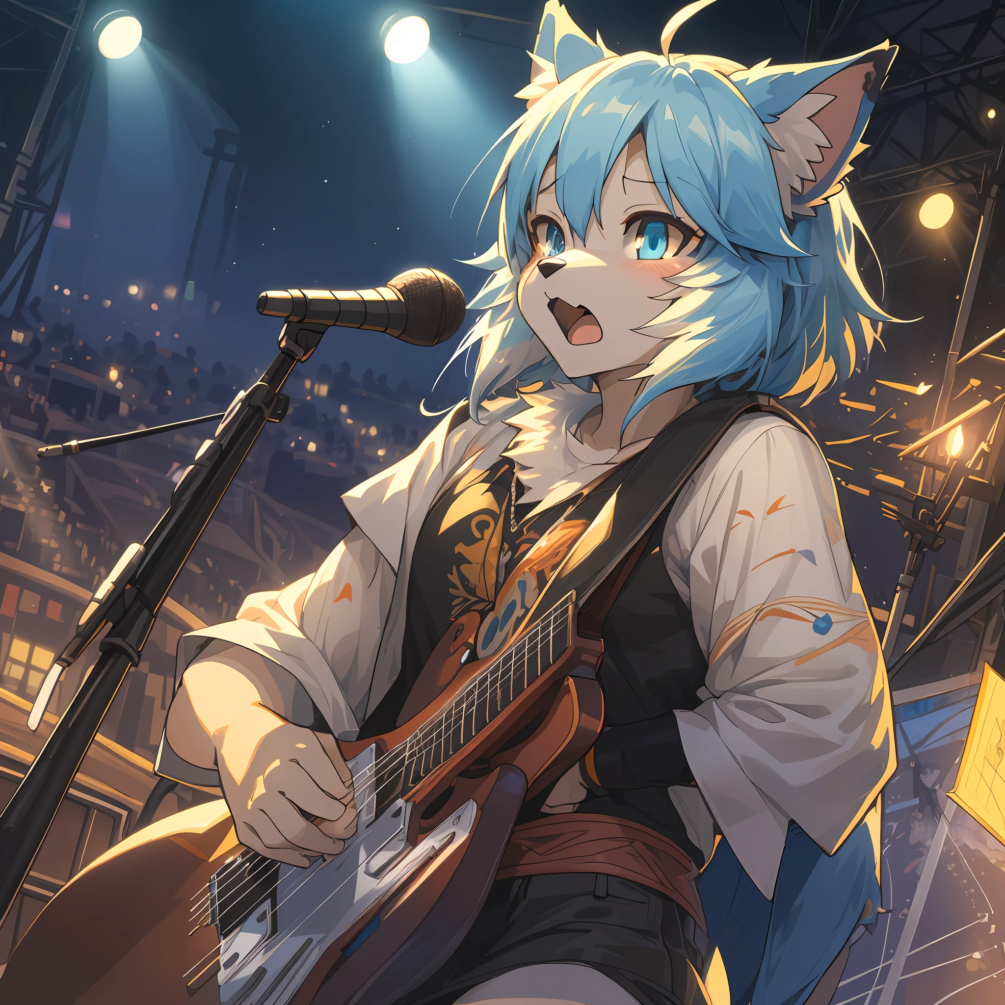 top quality, best quality, High-quality illustrations, masterpiece, super high resolution, detailed background, Rock Band Concerts, Musical instrument performance, Stage Performance, hot air, 6+boys, 6+girls, absurdres(highly detailed beautiful face and eyes)perfect anatomy, expression, good lighting, cinematic shadow(kemono, furry anthro),