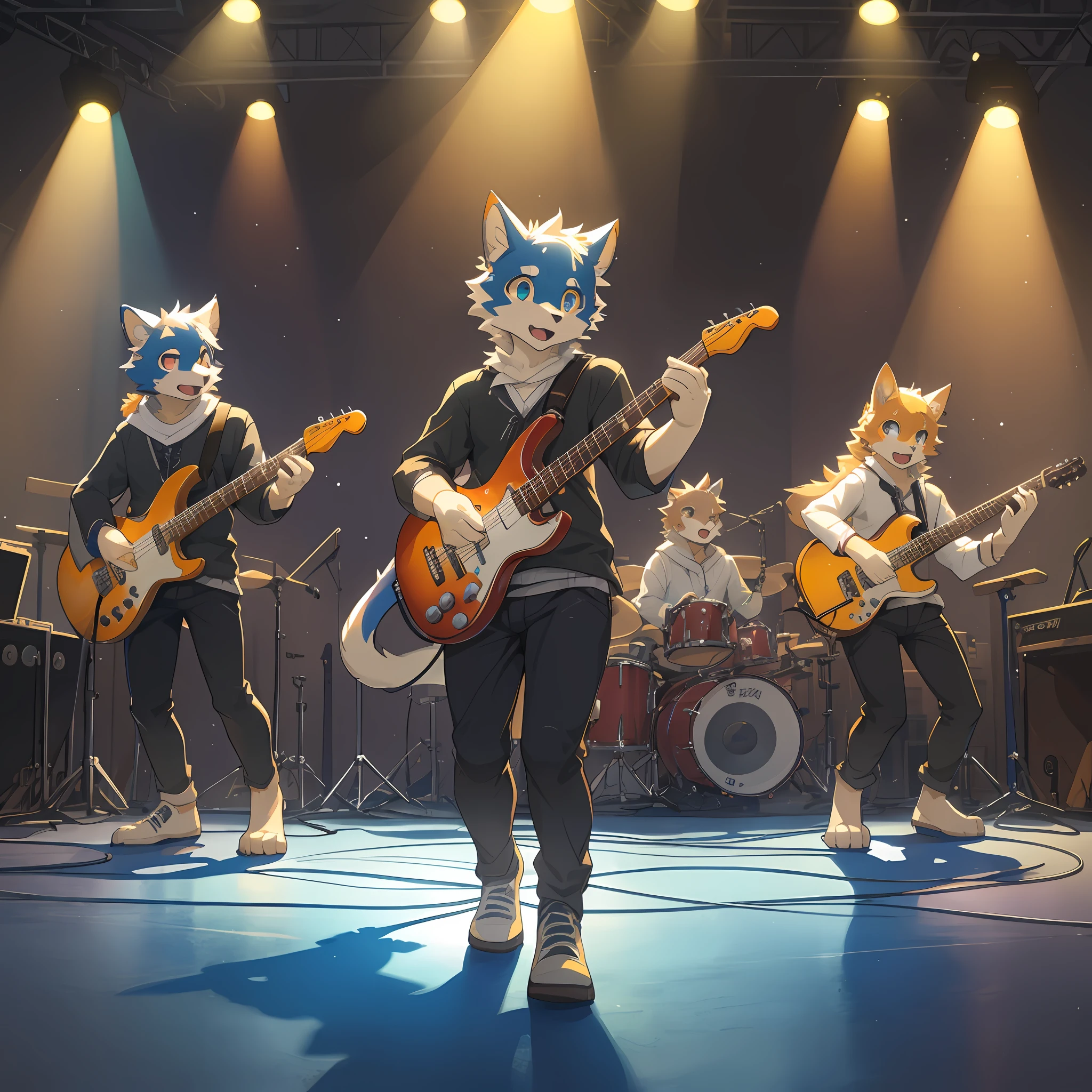 top quality, best quality, High-quality illustrations, masterpiece, super high resolution, detailed background, Rock Band Concerts, Musical instrument performance, Stage Performance, hot air, 6+boys, 6+girls, absurdres(highly detailed beautiful face and eyes)perfect anatomy, expression, good lighting, cinematic shadow(kemono, furry anthro),