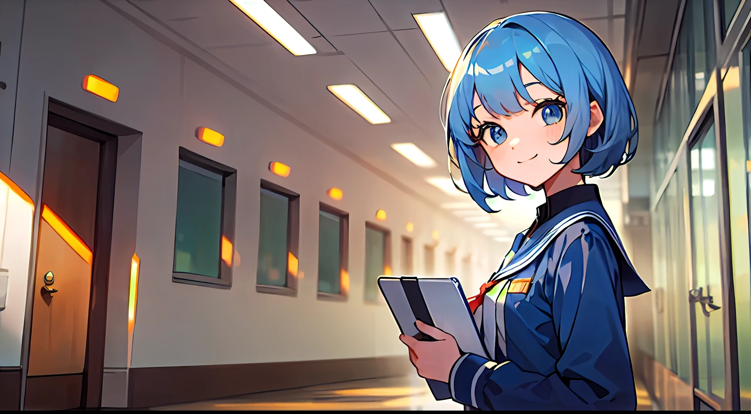 full body Esbian, mid-shot,The upper part of the body、femele, Detailed eyes, ((Have a laptop)),Standing anime girl, Short hair, Blue hair, Bangs,school hallway,Dark blue uniform, Long sleeves,Turned ,Over the back、Smiling smile