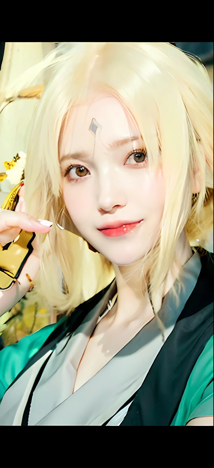1girl, (8k, RAW photo, best quality, masterpiece:1.2), (ultra highres:1.0),detailed illustration, (real person,fashion photography portrait,photograph), detailed, detailed beautiful skin, (realistic, photo-realistic:1.37), taunadeNS, solo, professional lighting, green dress), village, east asian architecture, trees, village hidden in the leaves background,looking_at_viewer, smile,yellow hair,yellow eyes,mitain,toeless footwear,kunai,facial mark,konohagakure symbol,fighting_stance,fence,ninja,adjusting gloves,sleeveless,cleavage, big breats