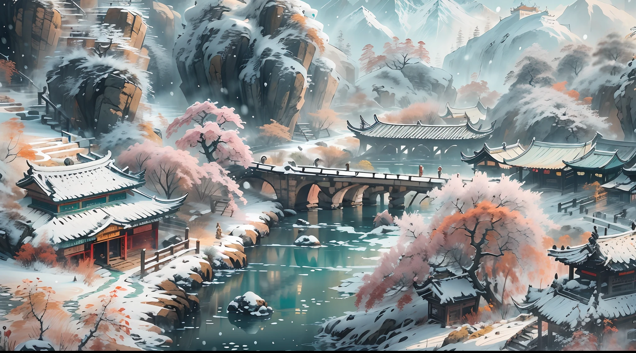 (super wide shot),(Best Masterpiece),8K,An ancient Chinese town nestled in the hills of the mountains,Densely wooded,The leaves are verdant,The stream is babbling,The visuals are beautiful and beautiful,full of sunlight,Winter view,Covered with snow,frozen river,It's snowing