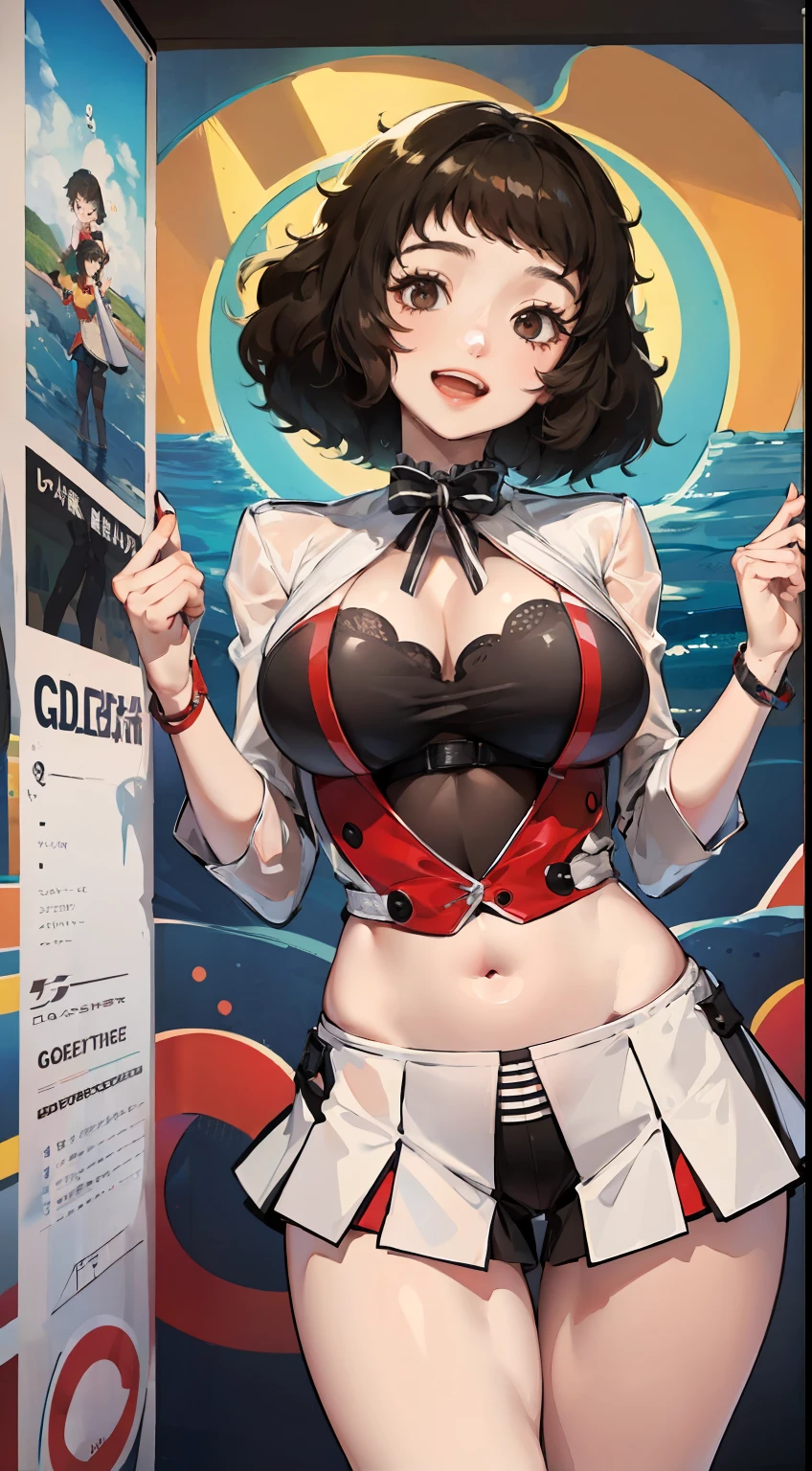 kawakami sadayo,white straitjacket，ssee-through，cheerfulness，Fleshy thighs，Pose，Poster publicity style，Ocean park，busty figure，C cup