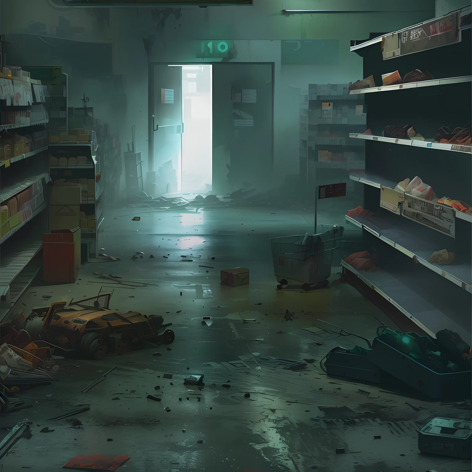 A supermarket with a small number of items on its shelves,The shelves are broken,photorealistic dark concept art, eerie nostalgic concept art, post grunge concept art, A post-apocalyptic shopping mall, Dystopian digital concept art, highly realistic concept art, silent hill concept art, post apocalyptic atmosphere, author:Alexander Jean, clean concept art, Post apocalyptic scenario