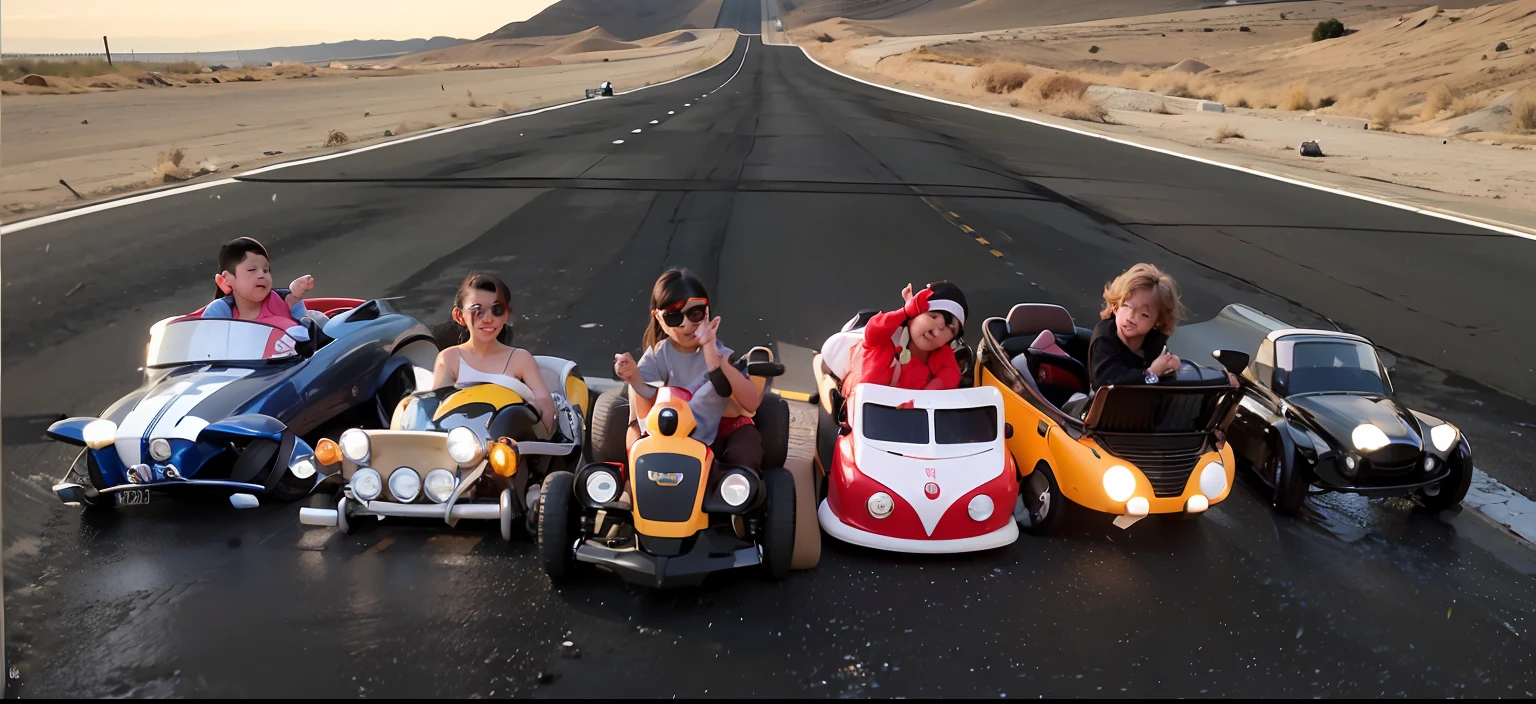 There are several children riding in cars on the road, dirigindo em um pequeno carro de brinquedo, hotrods dirigindo por uma rua da cidade, photo in road traffic, virado para a frente, carros na estrada, Carros, Viagem, vehicle concept photo!!, retratos de carros, cute future vehicles, inspirado em Hendrick Cornelisz Vroom, foto hd