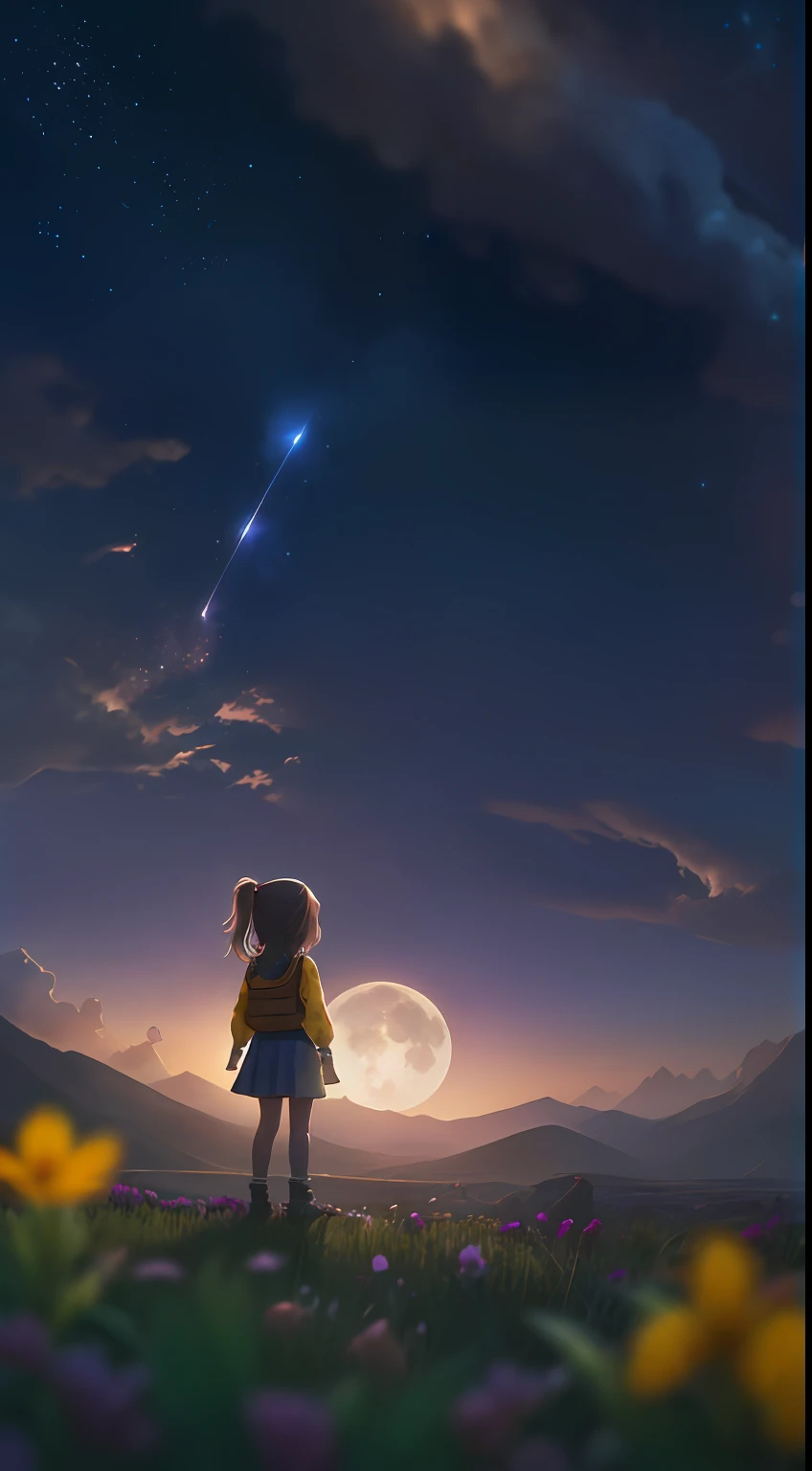 Expansive landscape photograph, (view from below with a view of the sky and wilderness below), little girl standing in a flower field looking up, (full moon: 1.2), (shooting star: 0.9), (nebula: 1.3), distant mountain, tree break production art, (warm light source: 1.2), (firefly: 1.2), lamp, purple and orange, intricate detail, volume lighting, realism break (masterpiece: 1.2) (Best Quality), 4K, Ultra-Detailed, (Dynamic Configuration: 1.4), Highly Detailed and Colorful Details, (Iridescent Colors: 1.2), (Glowing Lighting, Atmospheric Lighting), Dreamy, Magical, (Solo: 1.2)
