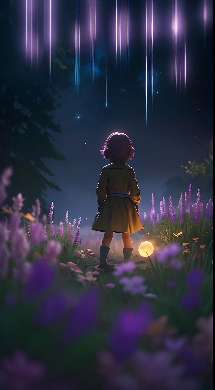 Expansive landscape photograph, (view from below with a view of the sky and wilderness below), little girl standing in a flower field looking up, (full moon: 1.2), (shooting star: 0.9), (nebula: 1.3), distant mountain, tree break production art, (warm light source: 1.2), (firefly: 1.2), lamp, purple and orange, intricate detail, volume lighting, realism break (masterpiece: 1.2) (Best Quality), 4K, Ultra-Detailed, (Dynamic Configuration: 1.4), Highly Detailed and Colorful Details, (Iridescent Colors: 1.2), (Glowing Lighting, Atmospheric Lighting), Dreamy, Magical, (Solo: 1.2)