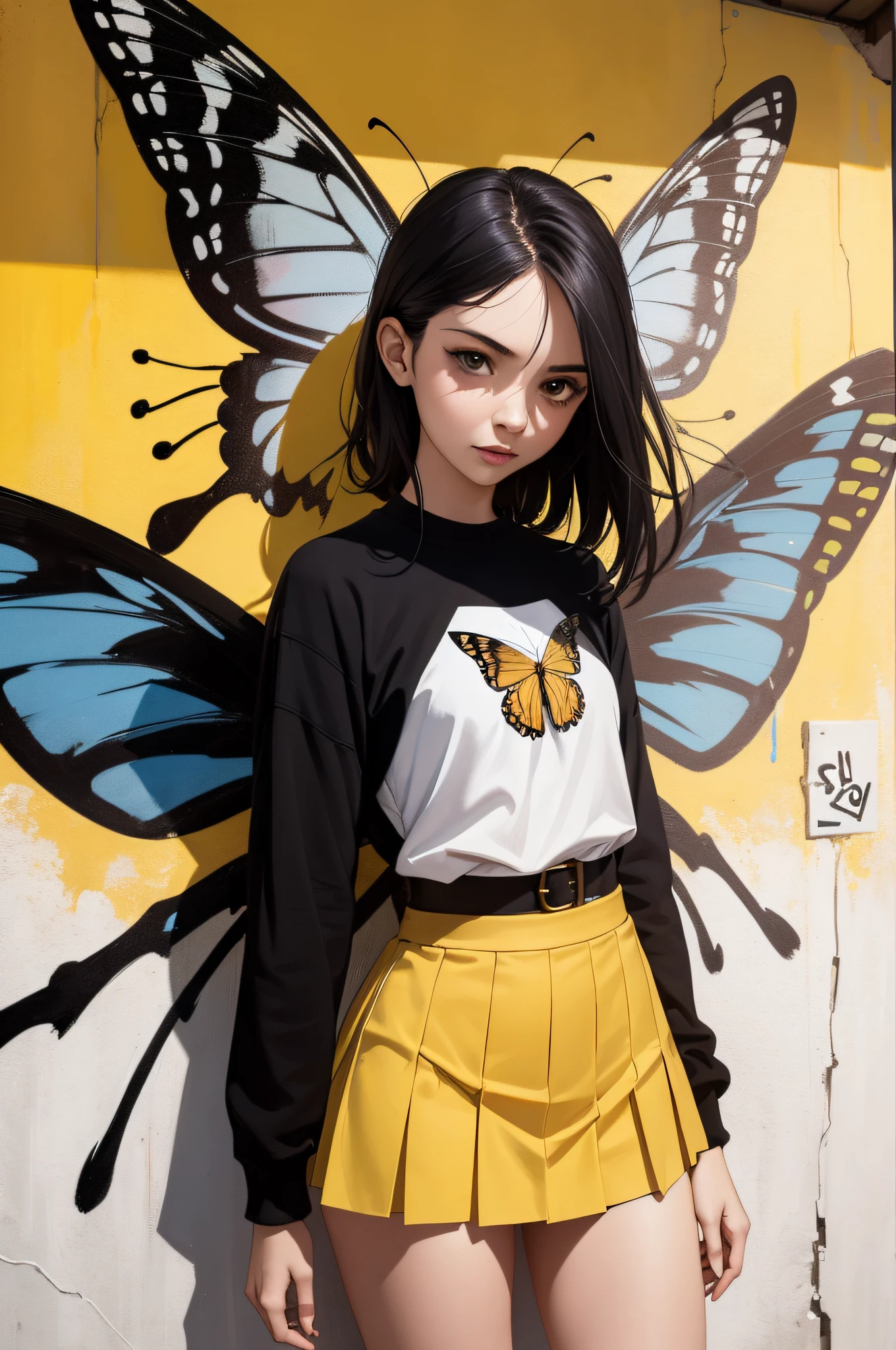 a painting of a woman with a butterfly on a yellow wall, graffiti art, inspired by Brad Kunkle, tutu, russ mills, hip skirt wings, andrey gordeev