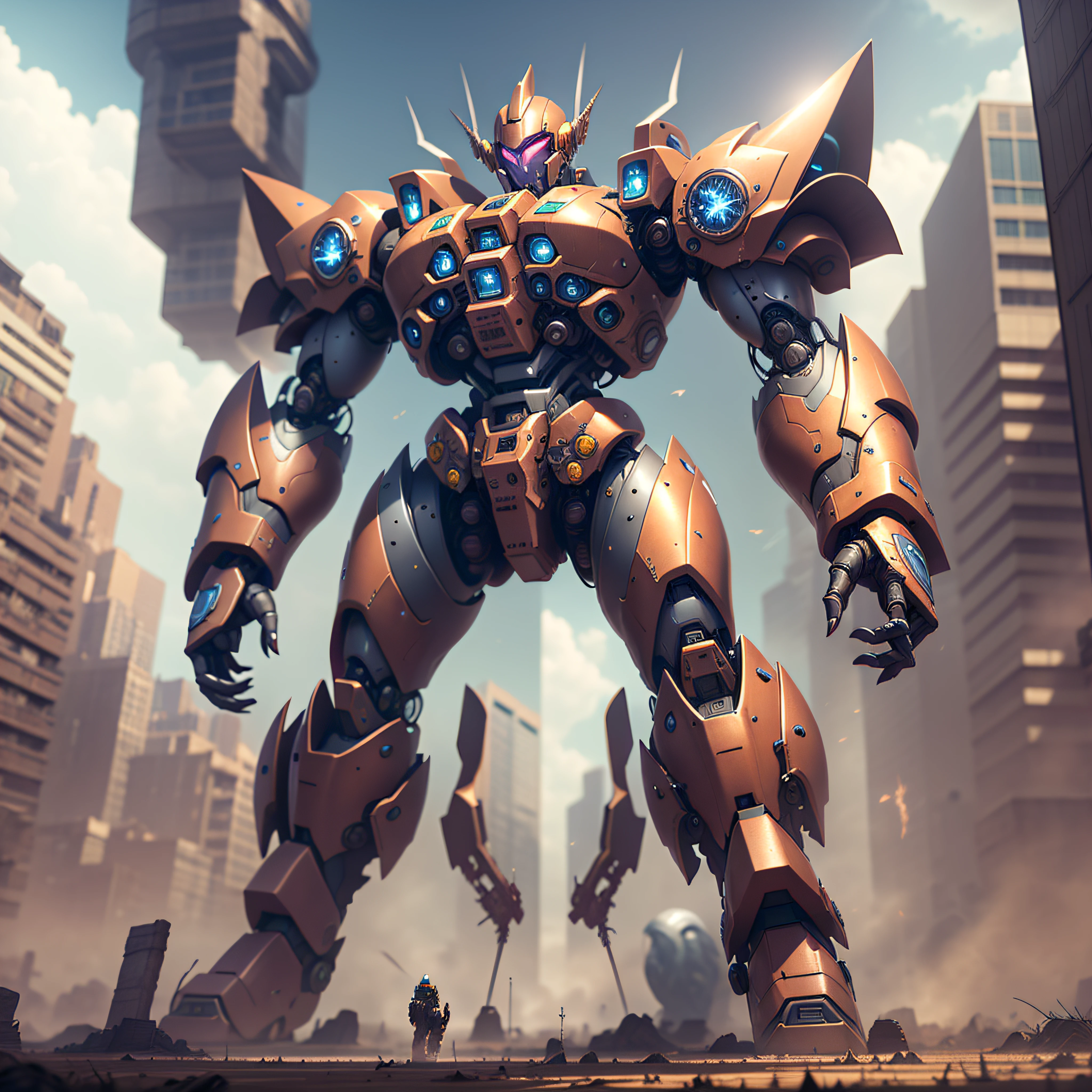 a giant mecha in action pose, close top view dark FANTASY, OCTANE RENDER, scifi movie scene, DRAMATIC LIGHTING, DIGITAL PAINTING, 4K, 8K, UNREAL ENGINE