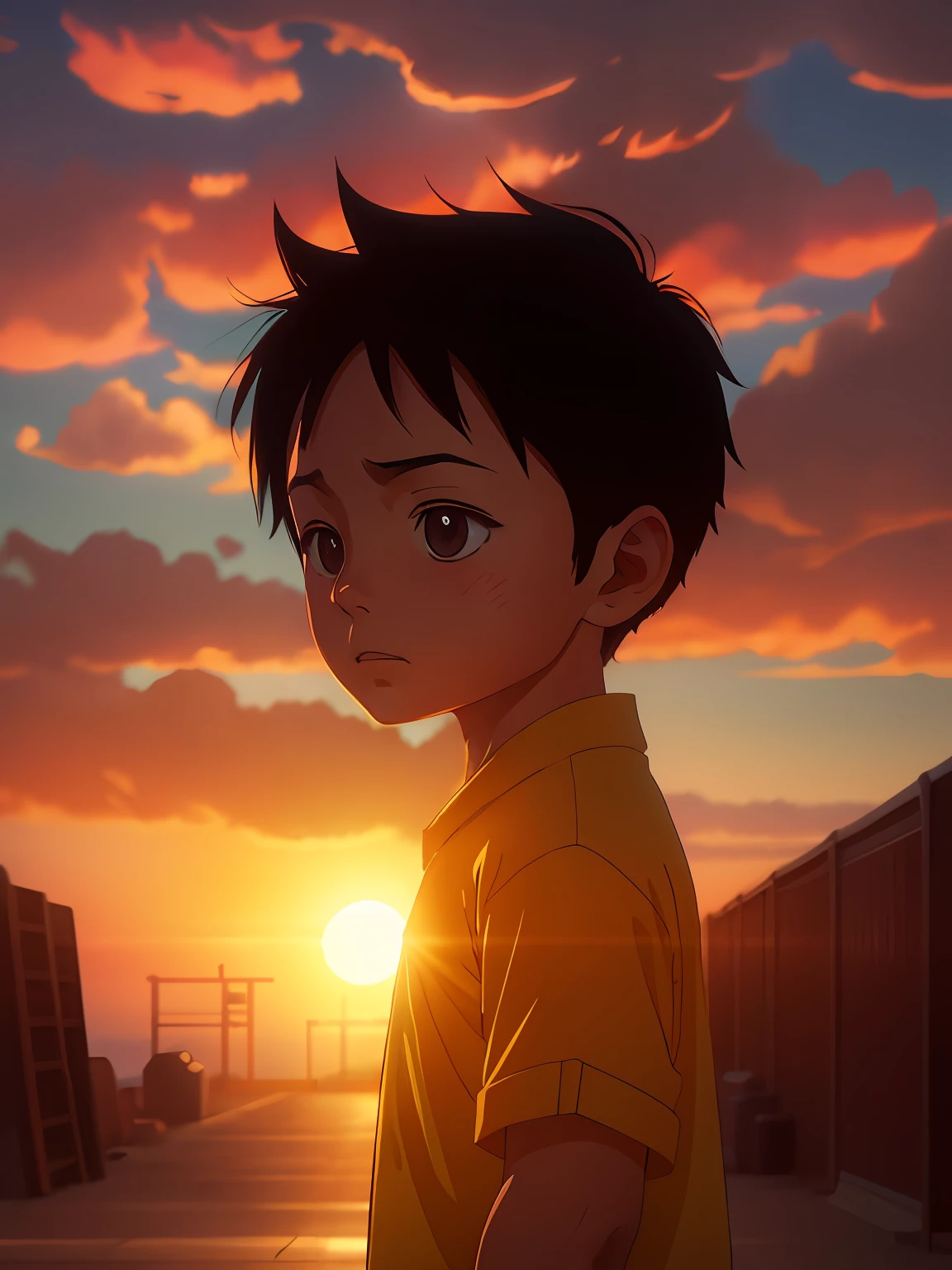 Anime boy staring into camera，The background is sunset, Makoto Shinkai. rendering by octane, Realistic anime 3 D style, anime film still, rendering by octane. By Makoto Shinkai, anime cgi style, anime cgi, watching the sunset. anime big breast, in the anime film, anime big breast. Soft lighting, 3 d anime realistic, akira cgi movie stills，Far perspective