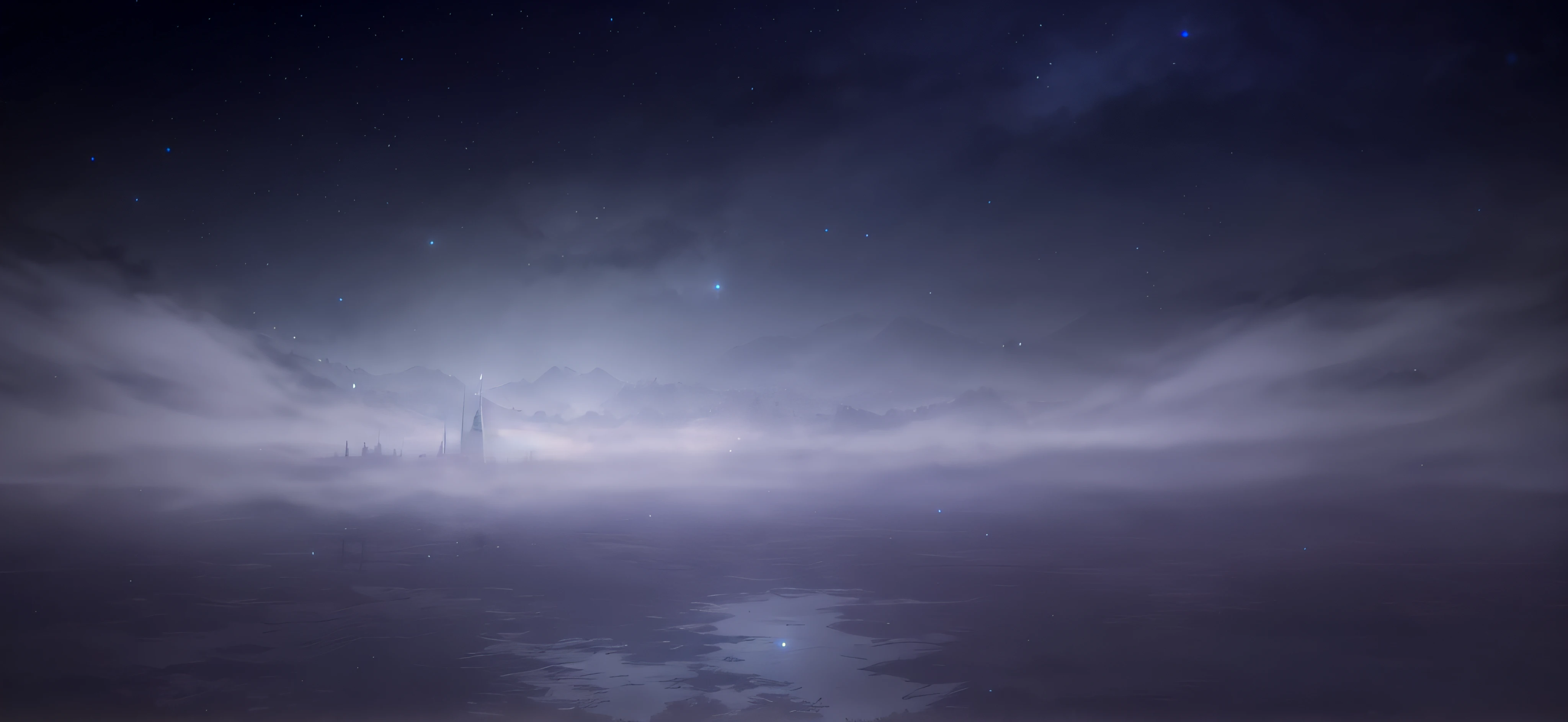 moonlit starry sky environment, Atmospheric background, misty space, fog and starry skies, Ethereal background, Mirror water surface,ethereal landscape, Hazy night, foggy night sky, the background is misty, misty background, Some mist and fireflies, Ethereal mist, background artwork, shiny city in the distance