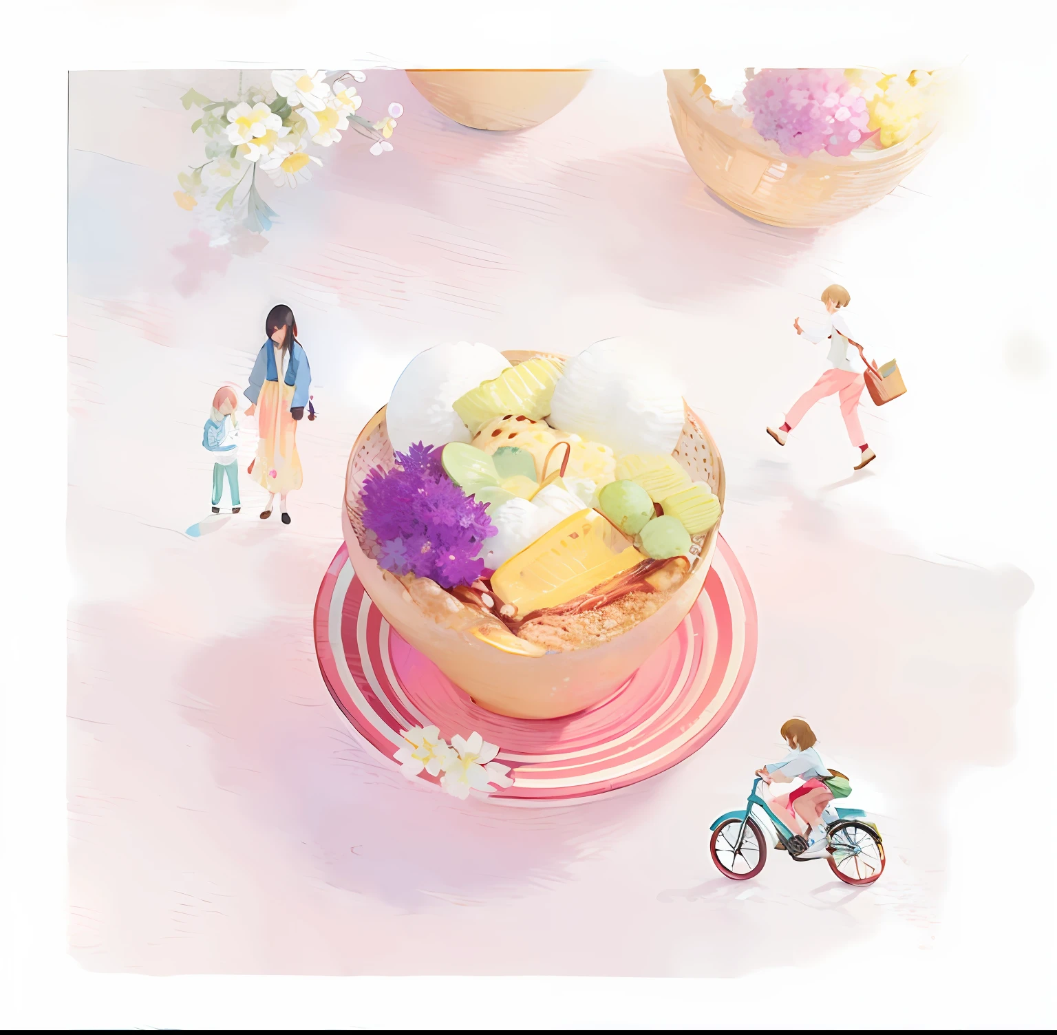 there are a lot of people that are walking around a basket, watercolor illustration style, by Yanagawa Nobusada, blurred and dreamy illustration, by Yuko Tatsushima, pastel style painting, illustration!, blurry and dreamy illustration, watercolor illustration, painterly illustration, amazing food illustration, a beautiful artwork illustration, on a sunny day, colorful illustration