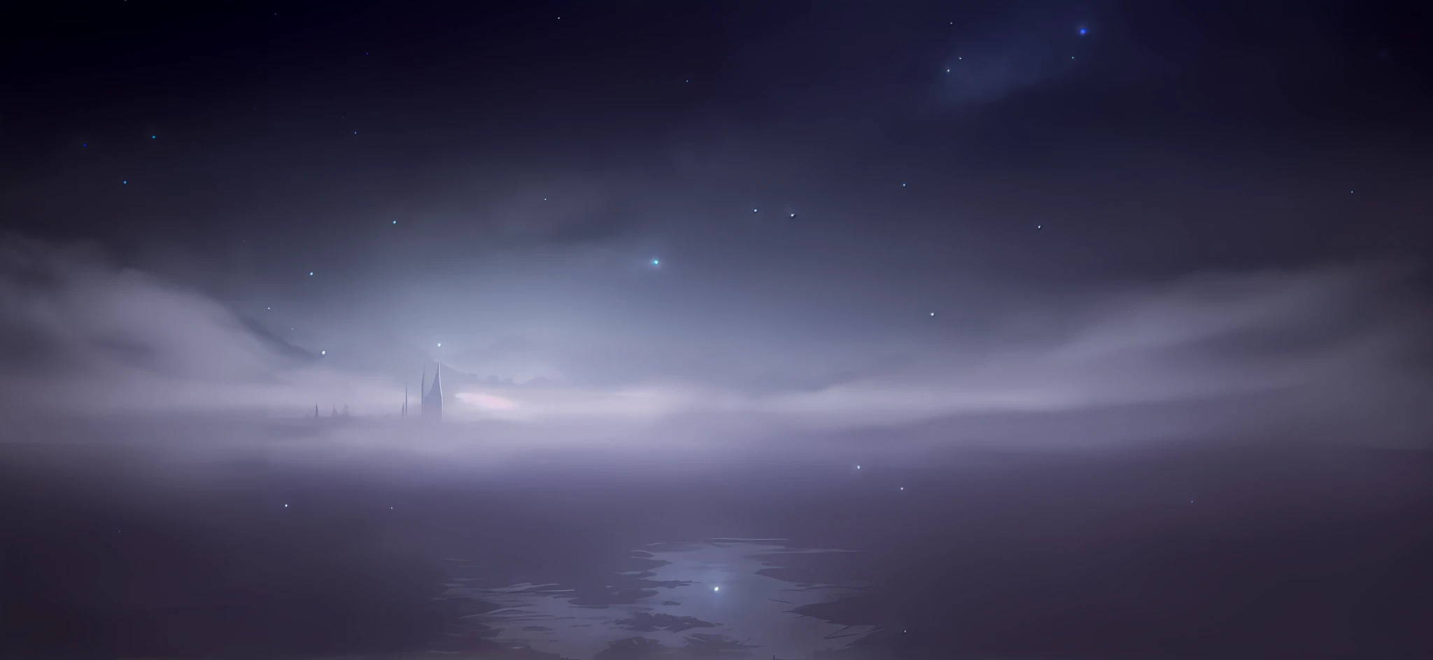 moonlit starry sky environment, Atmospheric background, misty space, fog and starry skies, Ethereal background, Mirror water surface,ethereal landscape, Hazy night, foggy night sky, the background is misty, misty background, Some mist and fireflies, Ethereal mist, background artwork, shiny city in the distance