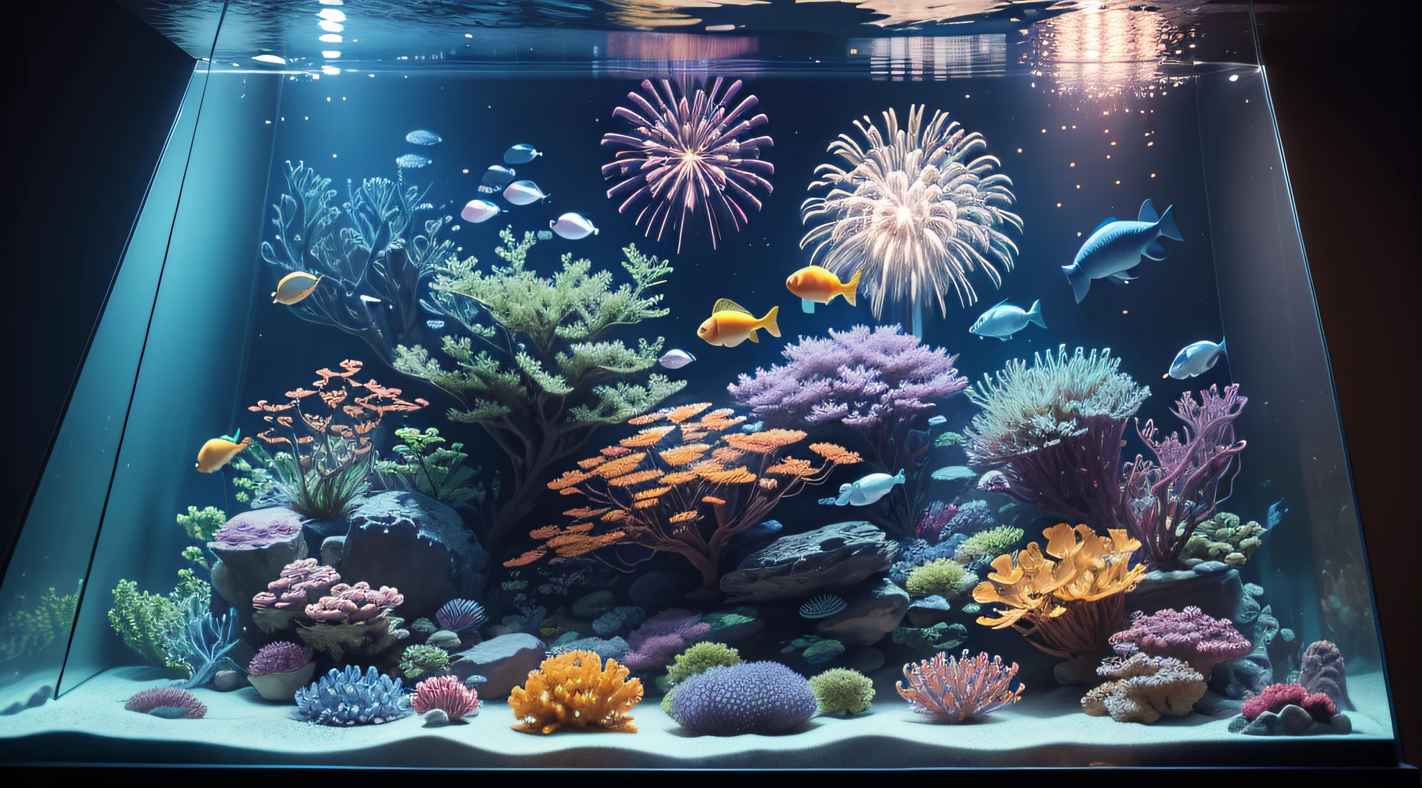 There is an aquarium with fish and fireworks, Fish shine in the sea, Multiple fireworks in the aquarium, Under the sea at night, aquarium、top-quality、in 8K、masterpiece、a picture、Photorealsitic、Raw photography、top-quality、high-detail、真实感、photos realistic、Professional color correction