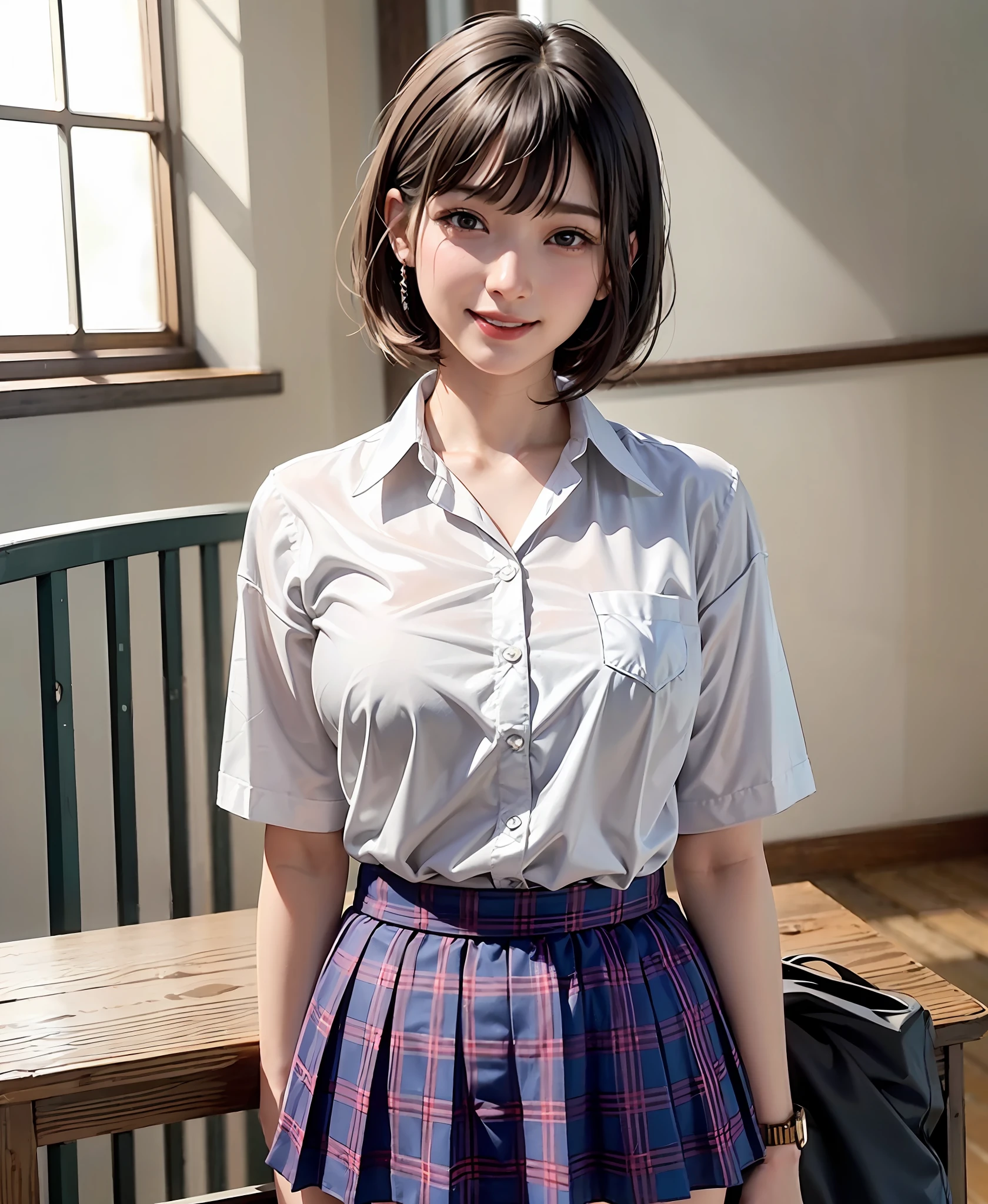 (masterpiece、top-quality:1.2、high-detail), Surreal High School Girl, 独奏, 1girl in, Yukinoshita Yukino, (shinny skin、wetted skin:1.2), Wearing sweat, I'm smiling really happily, spotless、cute little、Watch your audience carefully, all-fours, 校服, White shirt with white collar, plaid skirts, thighs thighs thighs thighs, PM, Classroom Surreal High School Girl、Very tall adult female、short hair with clean bangs of 46 points,,,,,,、the neck is long、Put your ears out、Arms out、large full breasts、Distinct double eyelids、big eye、The beauty of the golden ratio、Perfect Anatomy、Perfect and detailed body、Keep your mouth shut、Smile really happily