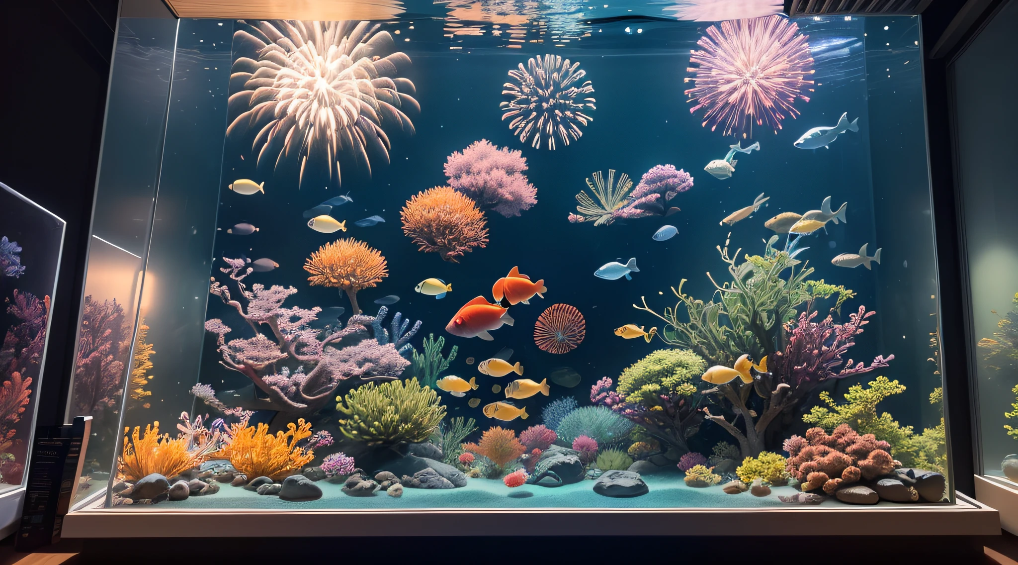 There is an aquarium with fish and fireworks, Fish shine in the sea, Multiple fireworks in the aquarium, Under the sea at night, aquarium、top-quality、in 8K、masterpiece、a picture、Photorealsitic、Raw photography、top-quality、high-detail、真实感、photos realistic、Professional color correction